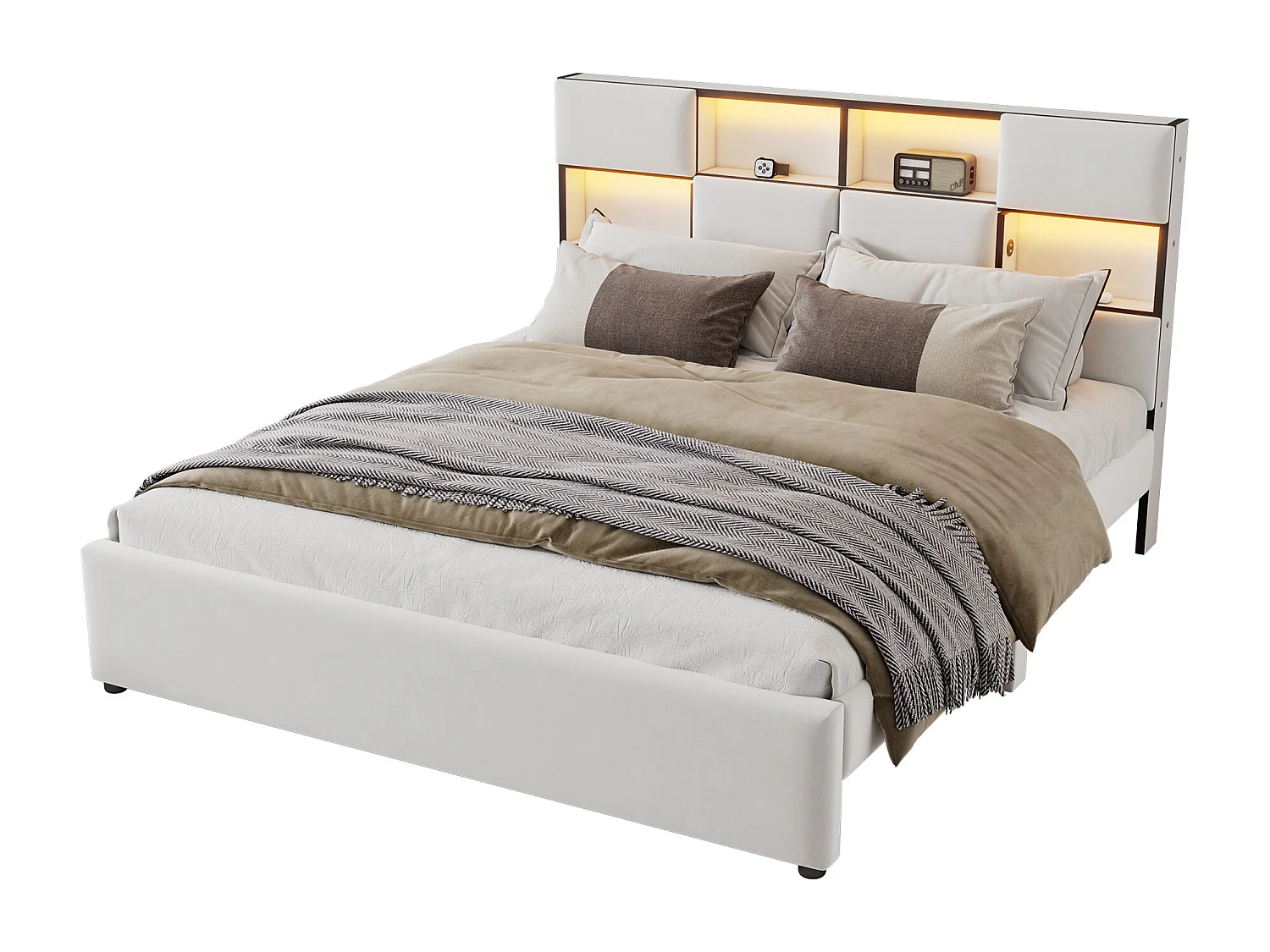 Tweepersoonsbed 160 x 200 cm - Linnenstof - USB-poort + LED's - Inclusief lattenbodem - Beige