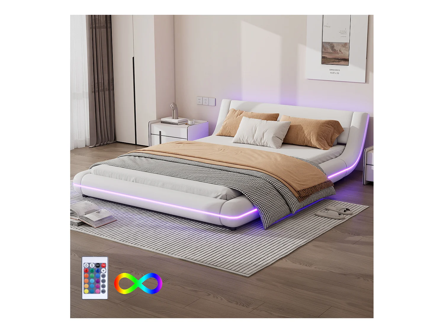 Lit double 140 x 200 cm - Lit au sol - cuir PU - Lumière ambiante LEDs avec télécommande - Blanc
