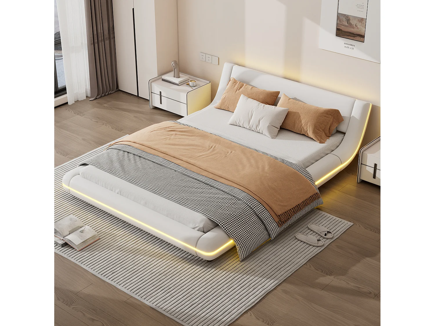 Lit double 140 x 200 cm - Lit au sol - cuir PU - Lumière ambiante LEDs avec télécommande - Blanc