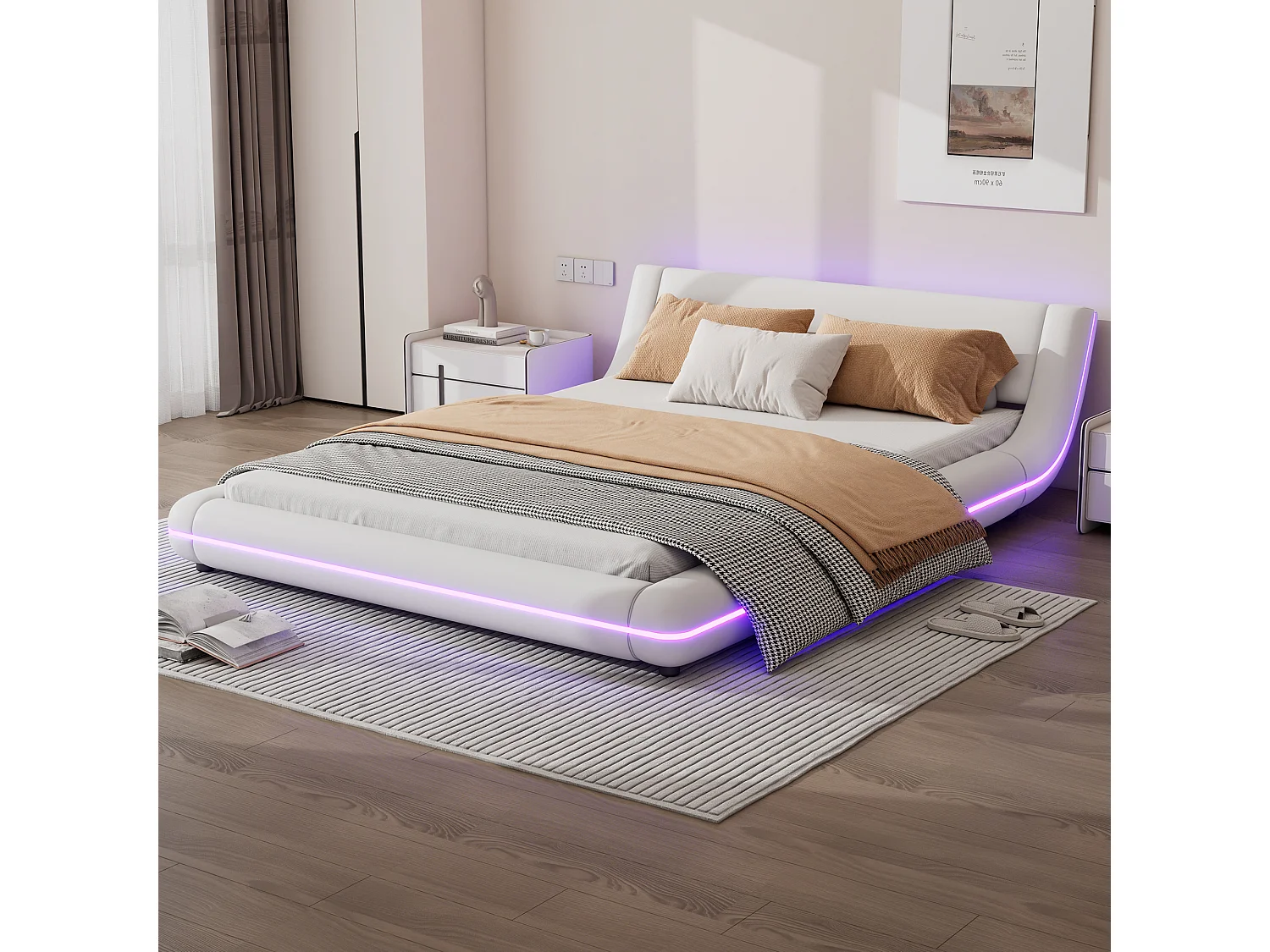 Tweepersoonsbed 140 x 200 cm - Vloerbed - PU-leer - LED-sfeerverlichting met afstandsbediening - Wit