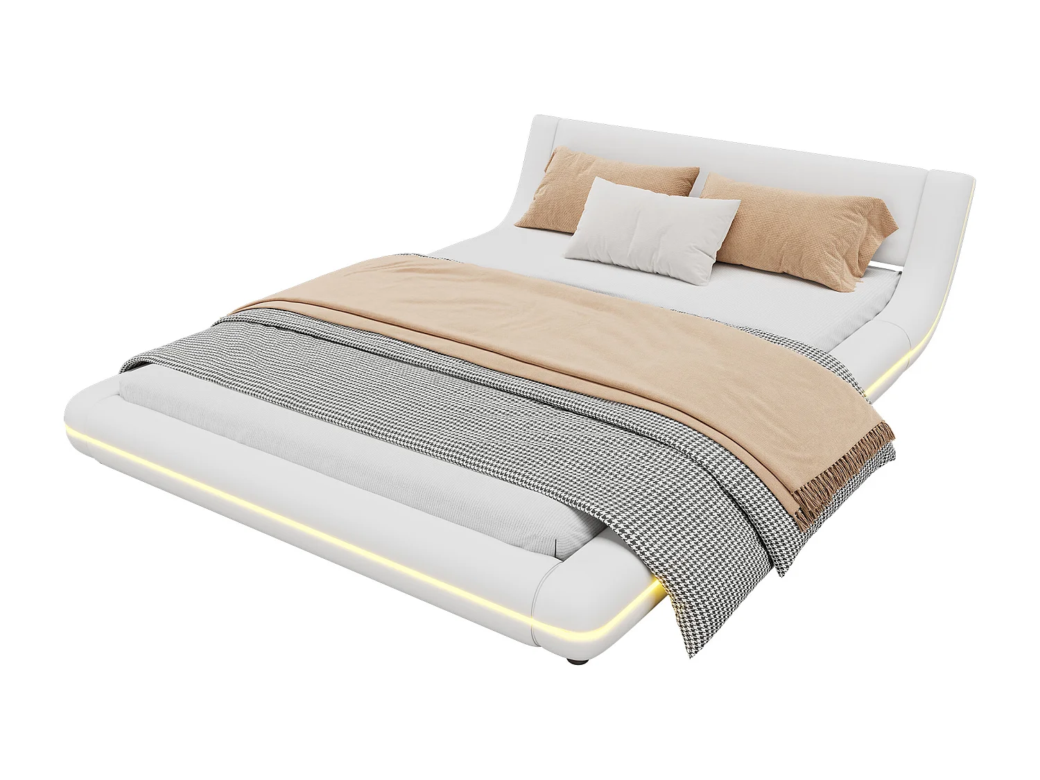 Tweepersoonsbed 140 x 200 cm - Vloerbed - PU-leer - LED-sfeerverlichting met afstandsbediening - Wit