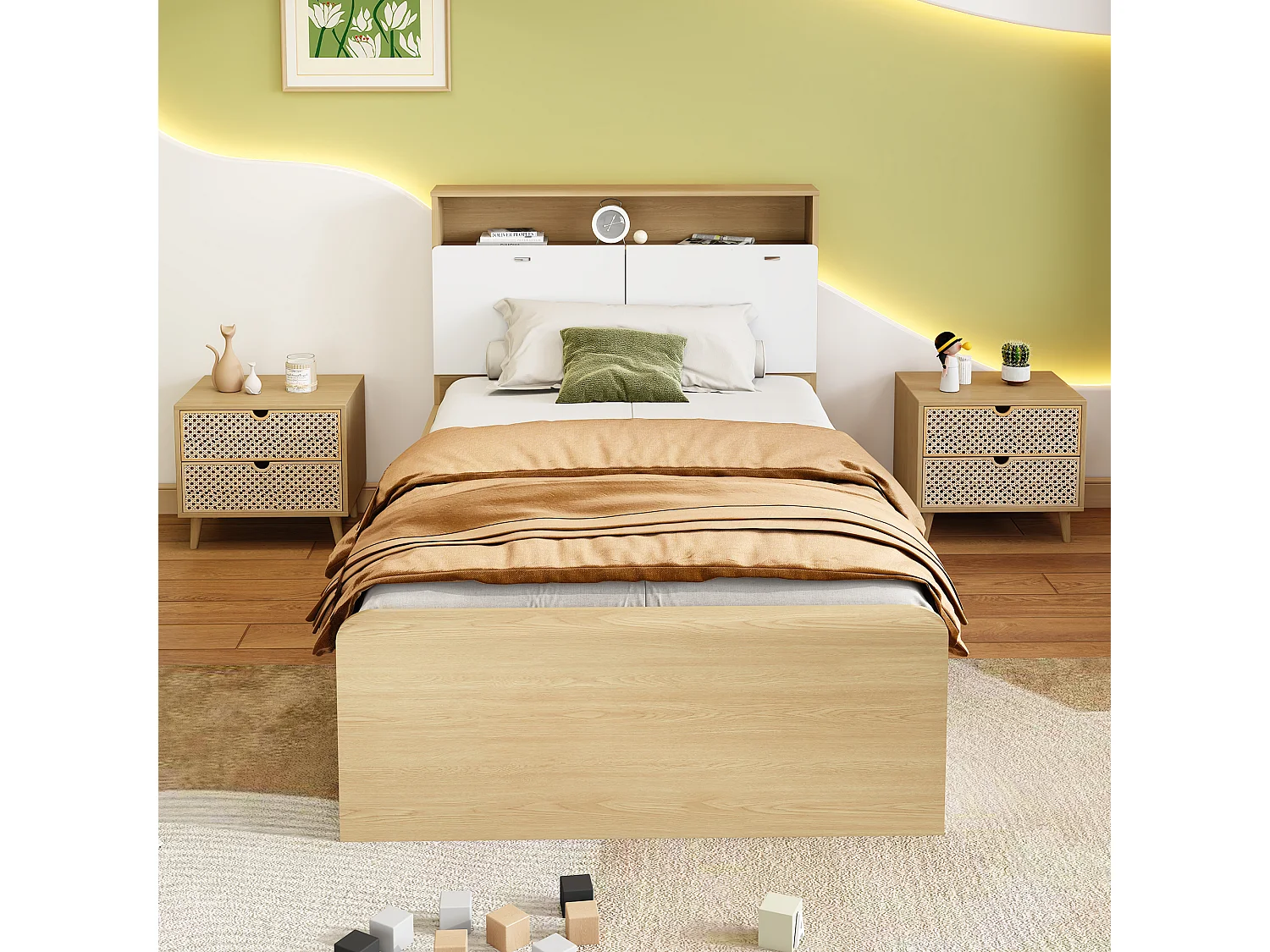 Lit enfant 90 x 200 cm - tête de lit avec étagère à rabat + 4 tiroirs - bois MDF - Coloris chêne clair