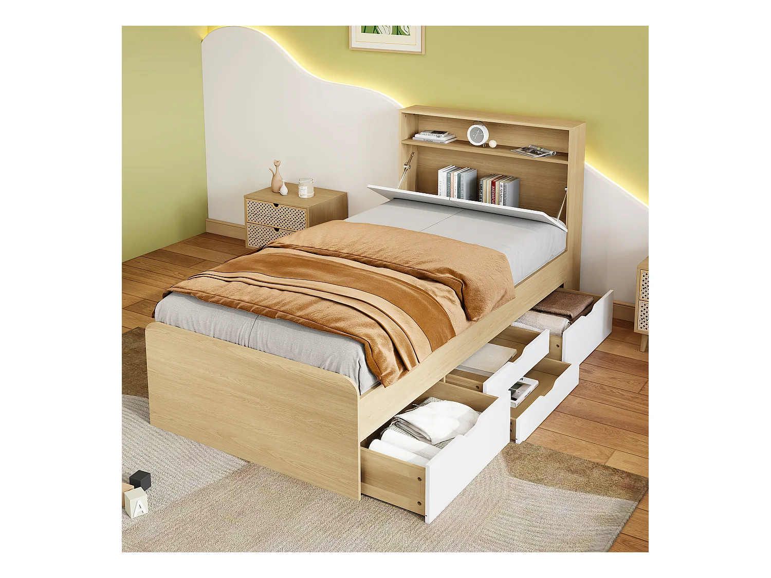 Lit enfant 90 x 200 cm - tête de lit avec étagère à rabat + 4 tiroirs - bois MDF - Coloris chêne clair
