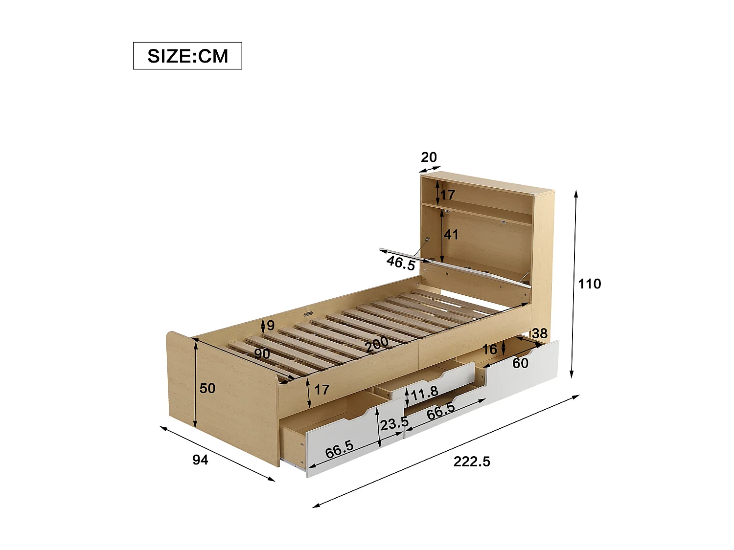 Lit enfant 90 x 200 cm - tête de lit avec étagère à rabat + 4 tiroirs - bois MDF - Coloris chêne clair