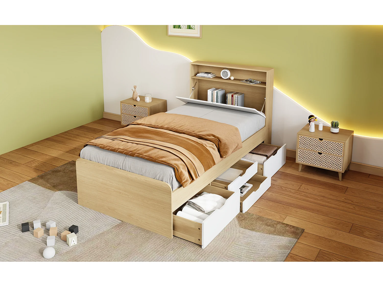 Lit enfant 90 x 200 cm - tête de lit avec étagère à rabat + 4 tiroirs - bois MDF - Coloris chêne clair