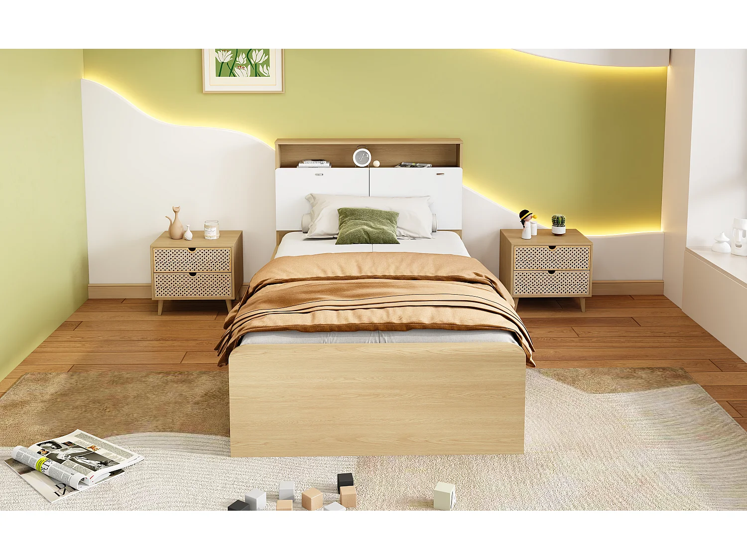 Lit enfant 90 x 200 cm - tête de lit avec étagère à rabat + 4 tiroirs - bois MDF - Coloris chêne clair