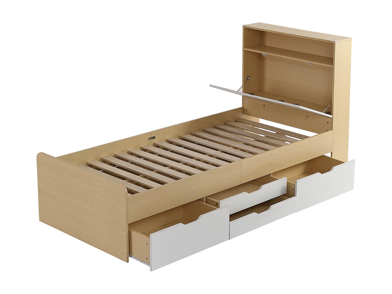 Lit enfant 90 x 200 cm - tête de lit avec étagère à rabat + 4 tiroirs - bois MDF - Coloris chêne clair