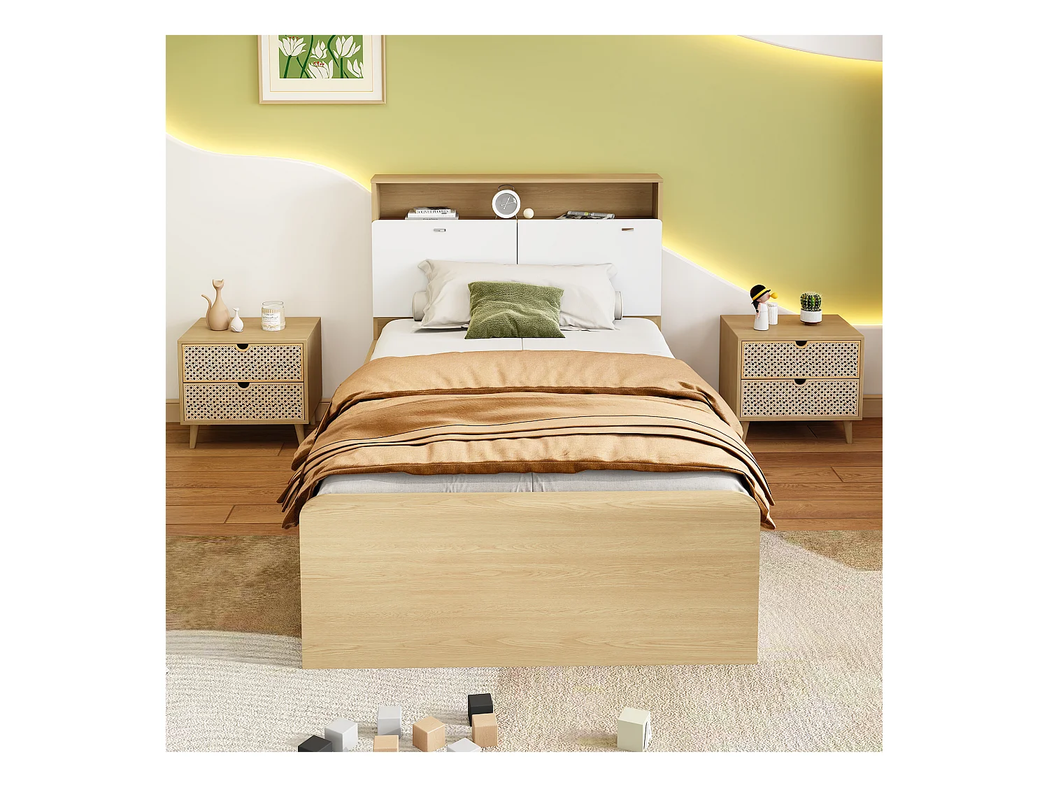Lit enfant 90 x 200 cm - tête de lit avec étagère à rabat + 4 tiroirs - bois MDF - Coloris chêne clair