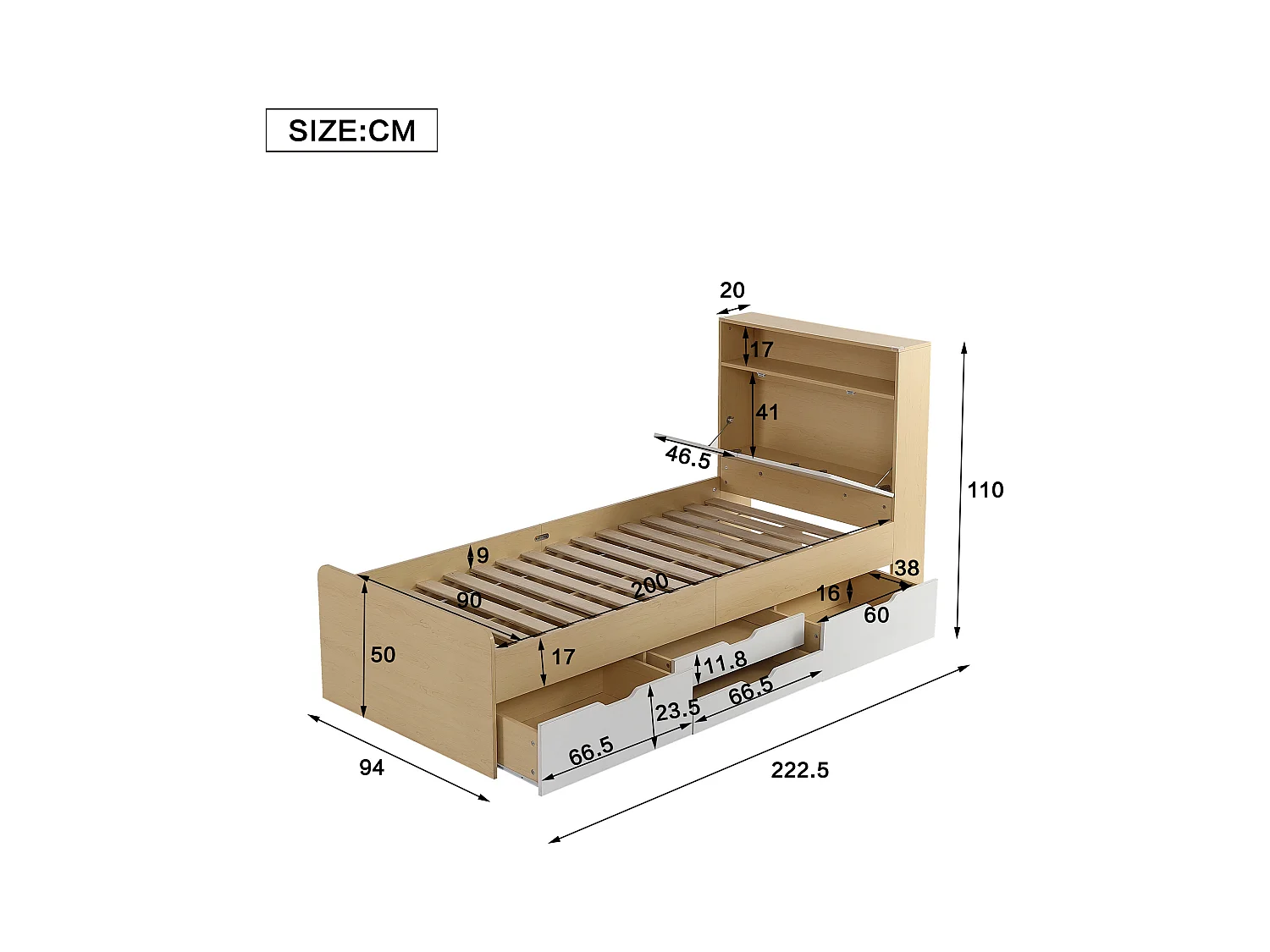 Lit enfant 90 x 200 cm - tête de lit avec étagère à rabat + 4 tiroirs - bois MDF - Coloris chêne clair