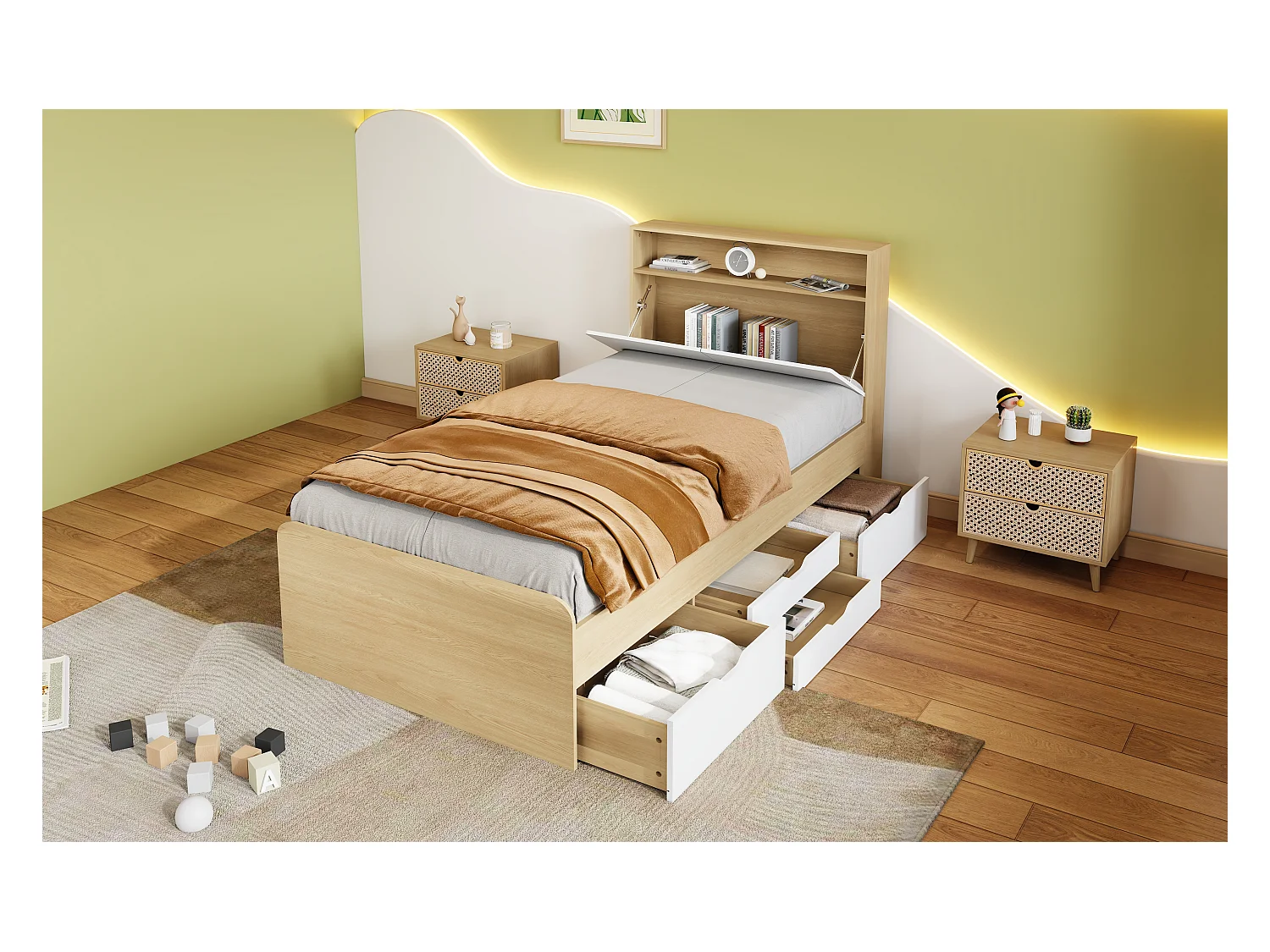 Lit enfant 90 x 200 cm - tête de lit avec étagère à rabat + 4 tiroirs - bois MDF - Coloris chêne clair
