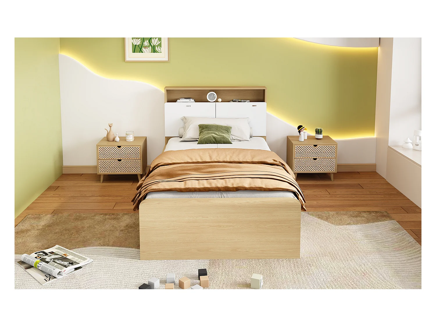 Lit enfant 90 x 200 cm - tête de lit avec étagère à rabat + 4 tiroirs - bois MDF - Coloris chêne clair