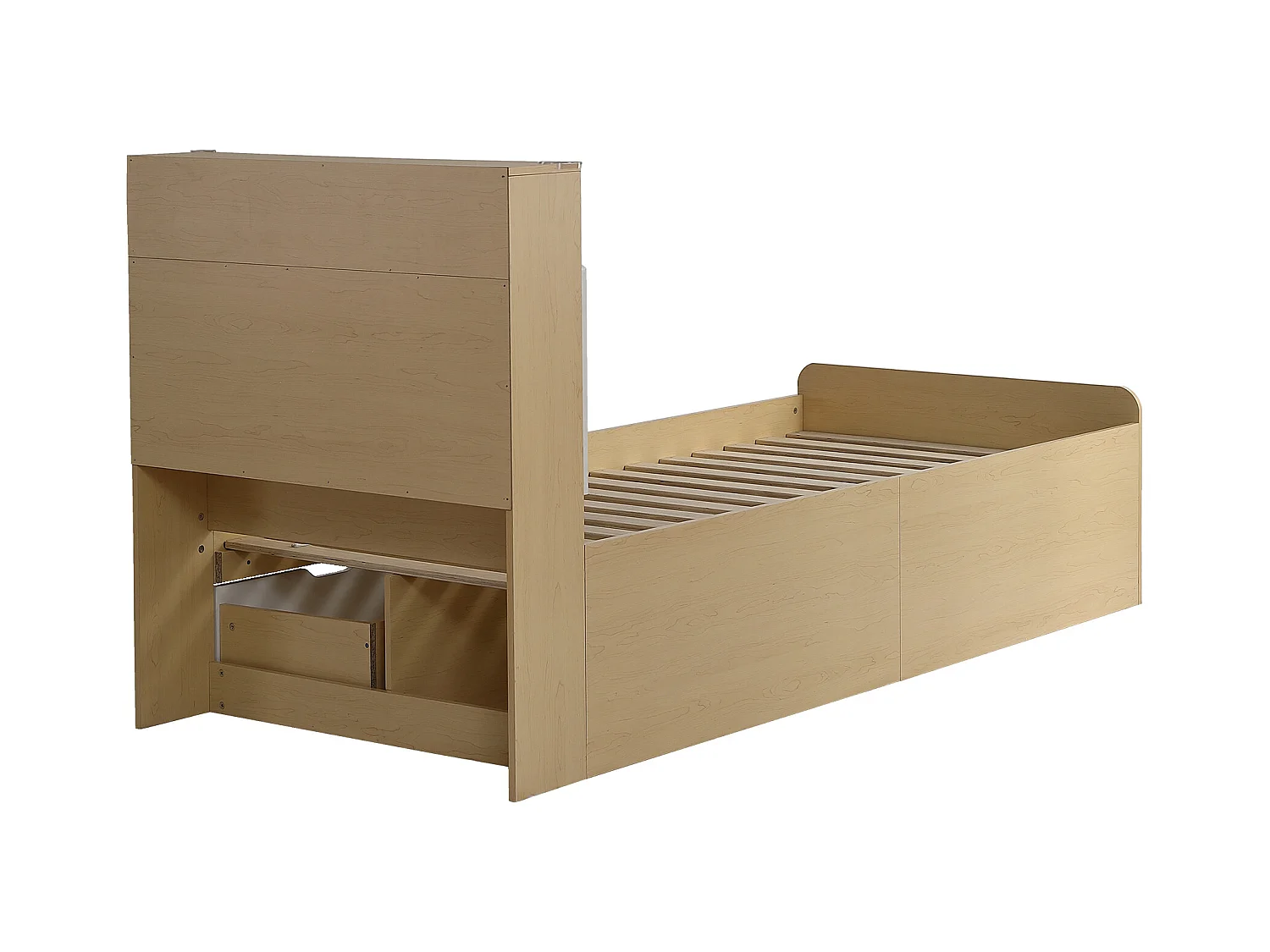 Lit enfant 90 x 200 cm - tête de lit avec étagère à rabat + 4 tiroirs - bois MDF - Coloris chêne clair