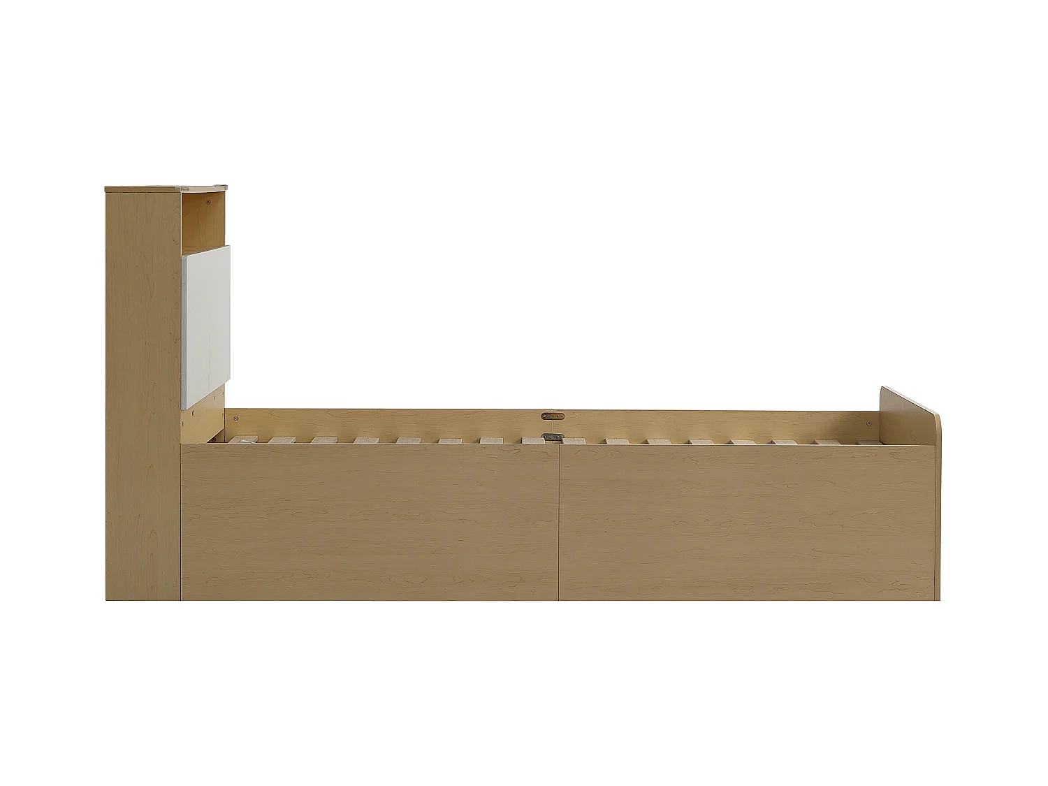 Lit enfant 90 x 200 cm - tête de lit avec étagère à rabat + 4 tiroirs - bois MDF - Coloris chêne clair