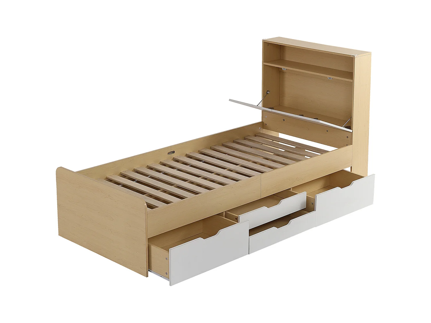 Lit enfant 90 x 200 cm - tête de lit avec étagère à rabat + 4 tiroirs - bois MDF - Coloris chêne clair