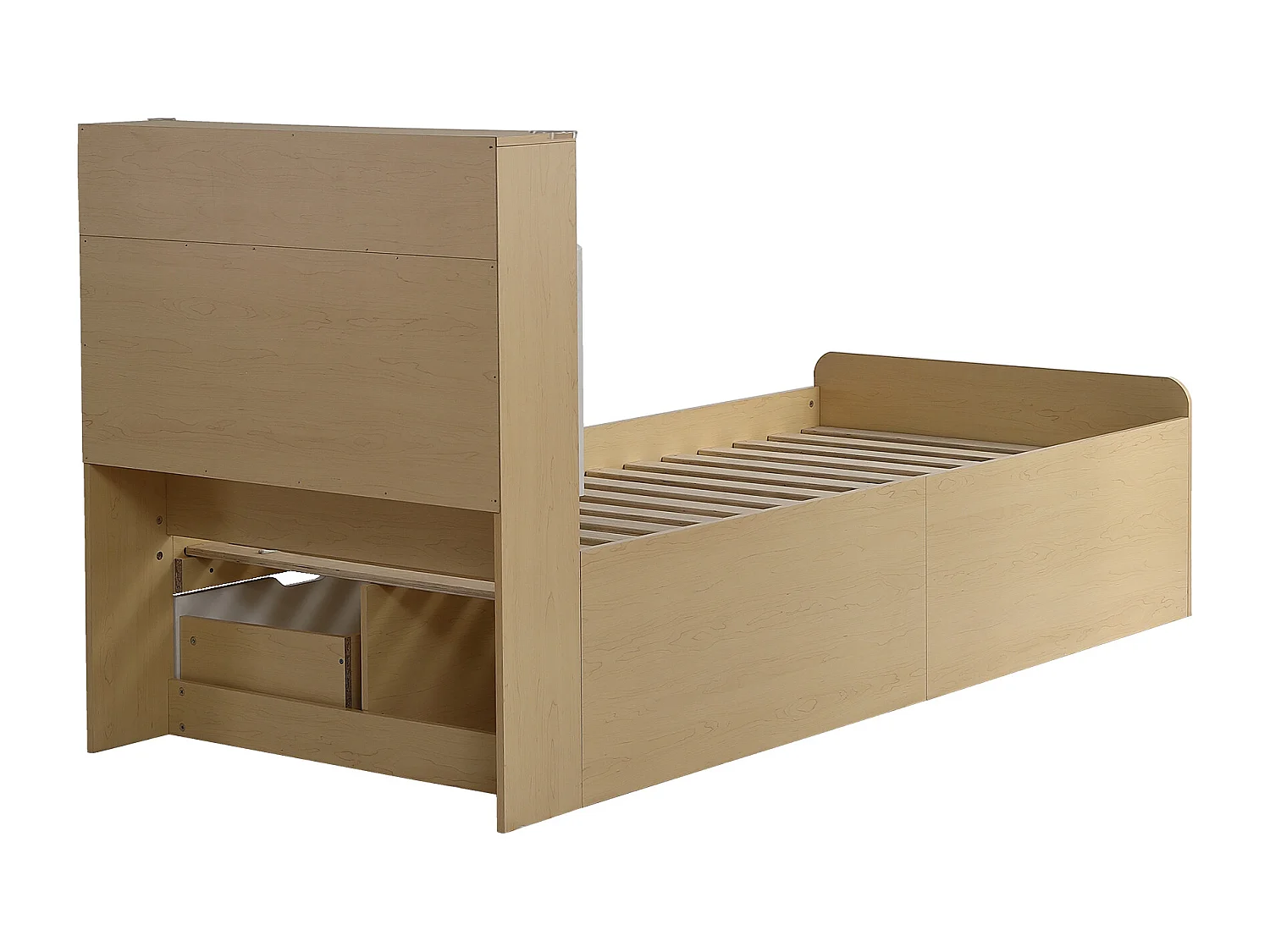 Lit enfant 90 x 200 cm - tête de lit avec étagère à rabat + 4 tiroirs - bois MDF - Coloris chêne clair