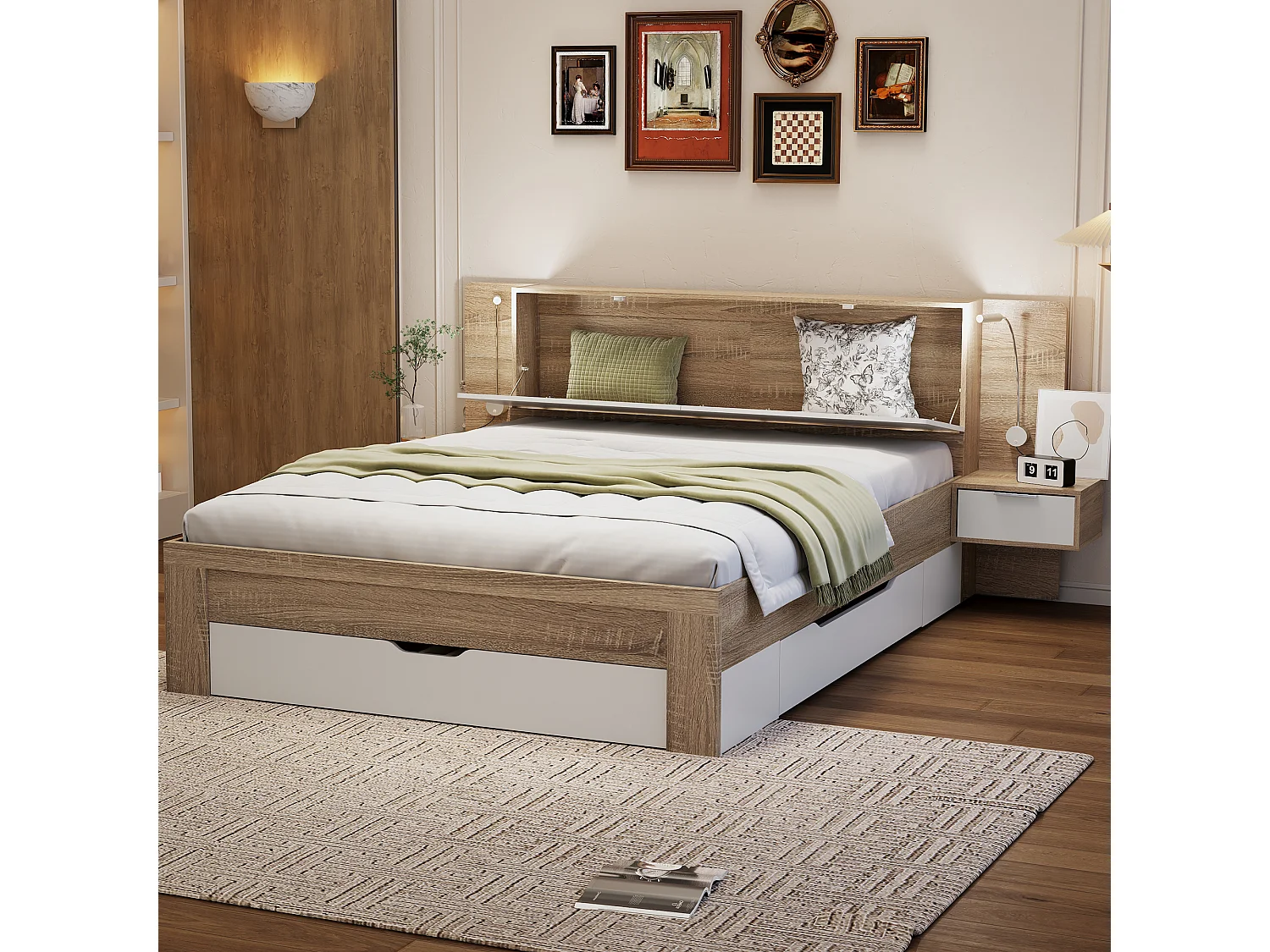 Cama de adulto 140 x 200 cm - 2 mesitas de noche + 4 cajones grandes y almacenaje - Madera MDF - Roble