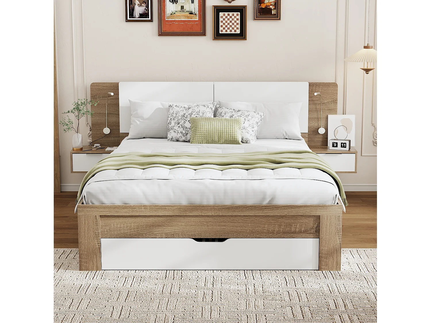 Cama de adulto 140 x 200 cm - 2 mesitas de noche + 4 cajones grandes y almacenaje - Madera MDF - Roble