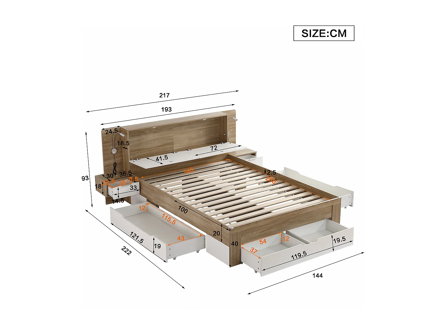 Cama de adulto 140 x 200 cm - 2 mesitas de noche + 4 cajones grandes y almacenaje - Madera MDF - Roble