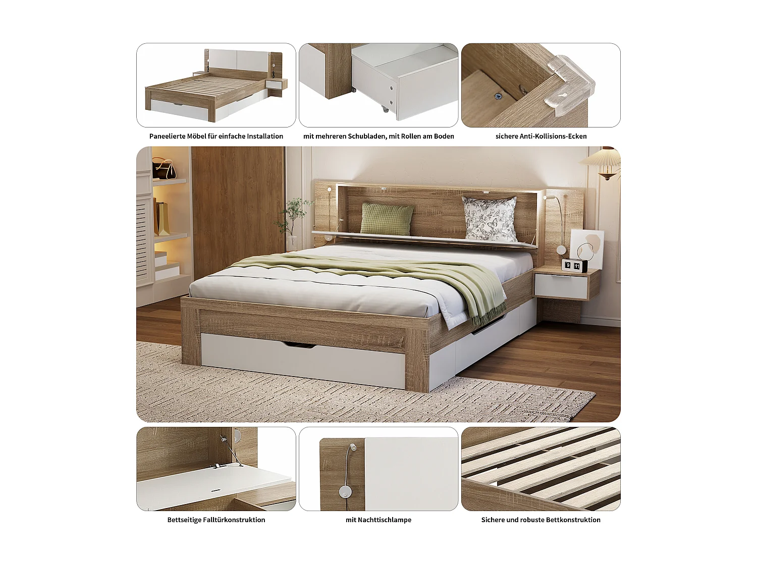 Cama de adulto 140 x 200 cm - 2 mesitas de noche + 4 cajones grandes y almacenaje - Madera MDF - Roble