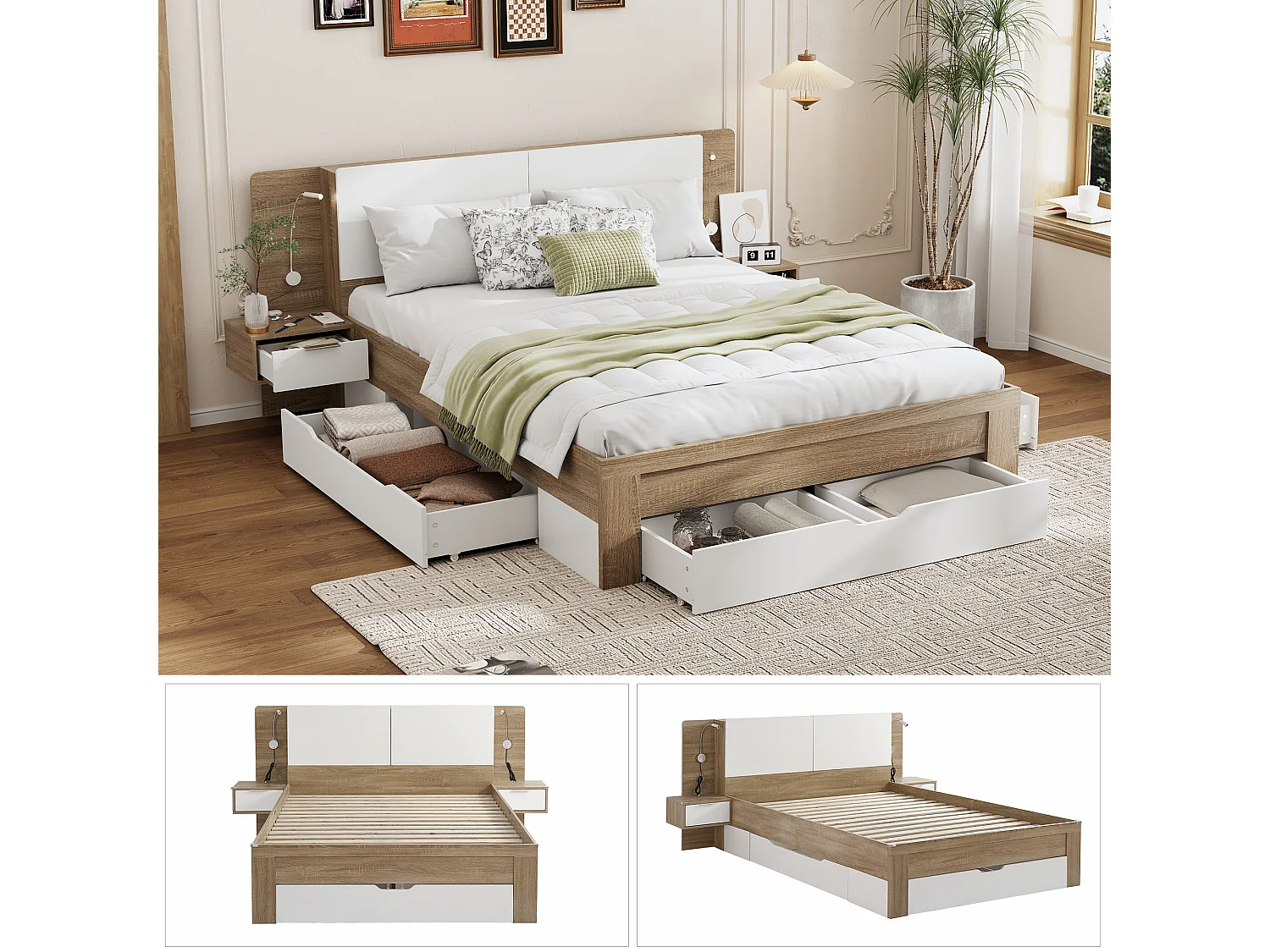 Cama de adulto 140 x 200 cm - 2 mesitas de noche + 4 cajones grandes y almacenaje - Madera MDF - Roble