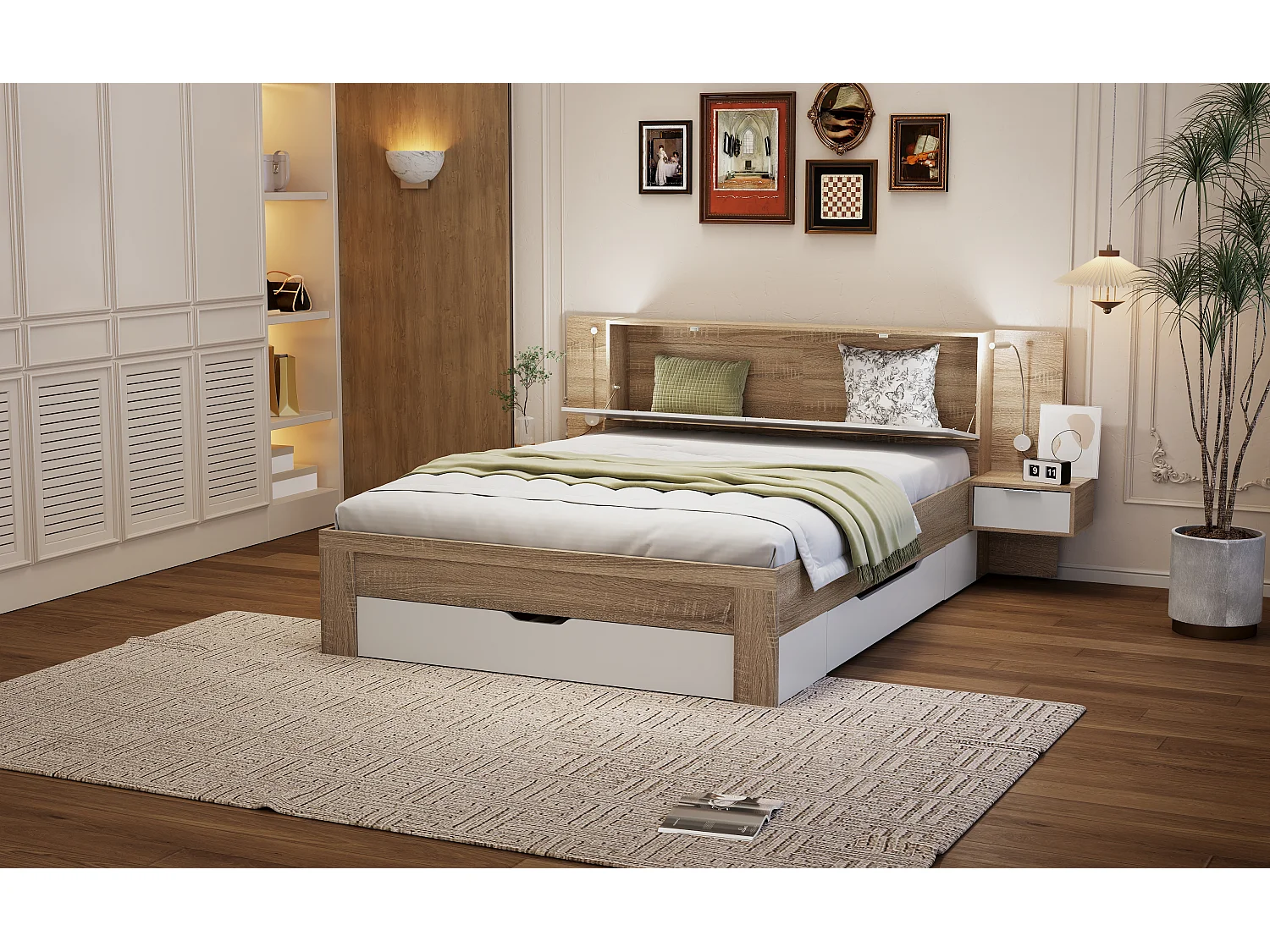 Cama de adulto 140 x 200 cm - 2 mesitas de noche + 4 cajones grandes y almacenaje - Madera MDF - Roble