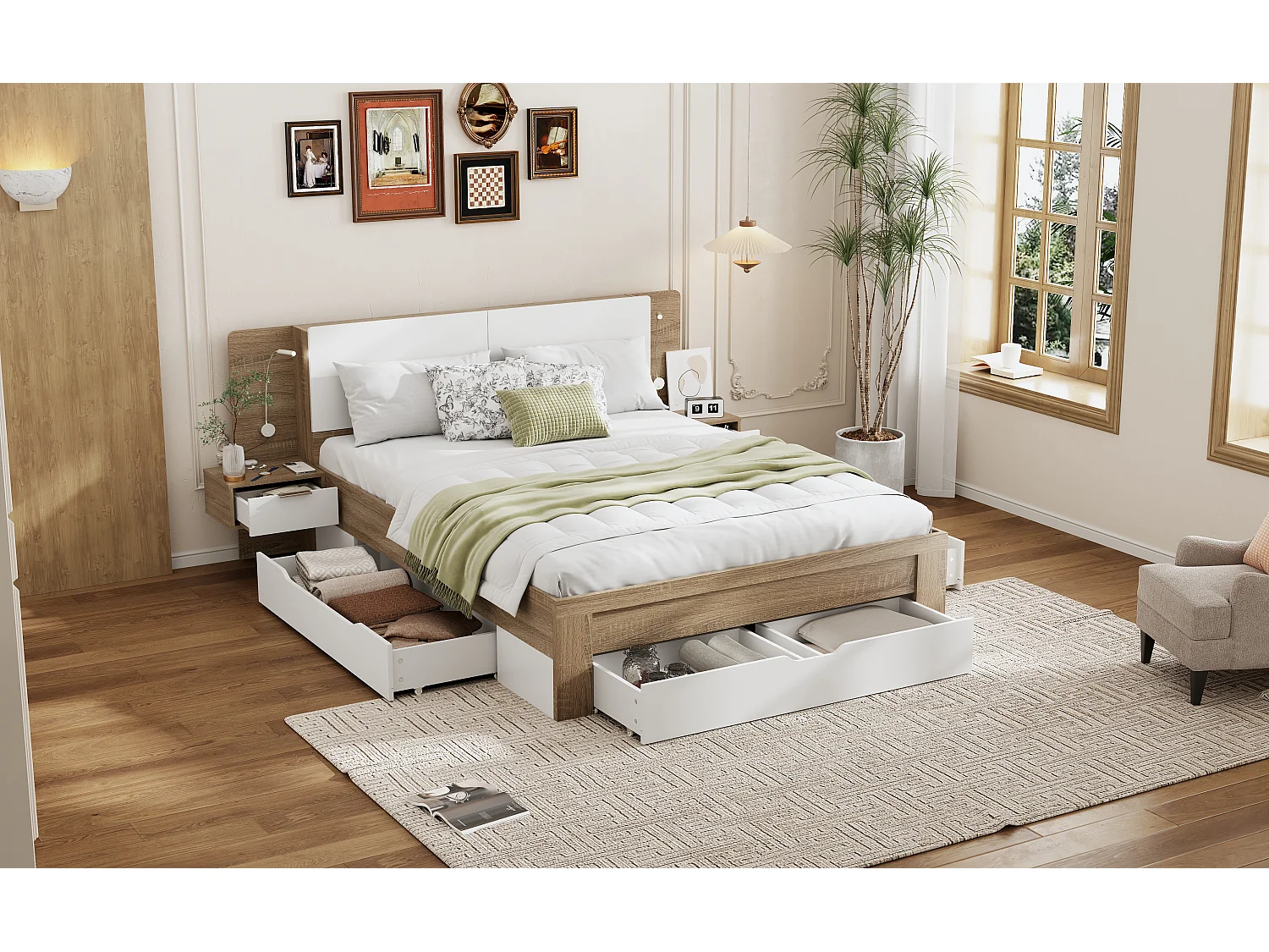 Cama de adulto 140 x 200 cm - 2 mesitas de noche + 4 cajones grandes y almacenaje - Madera MDF - Roble