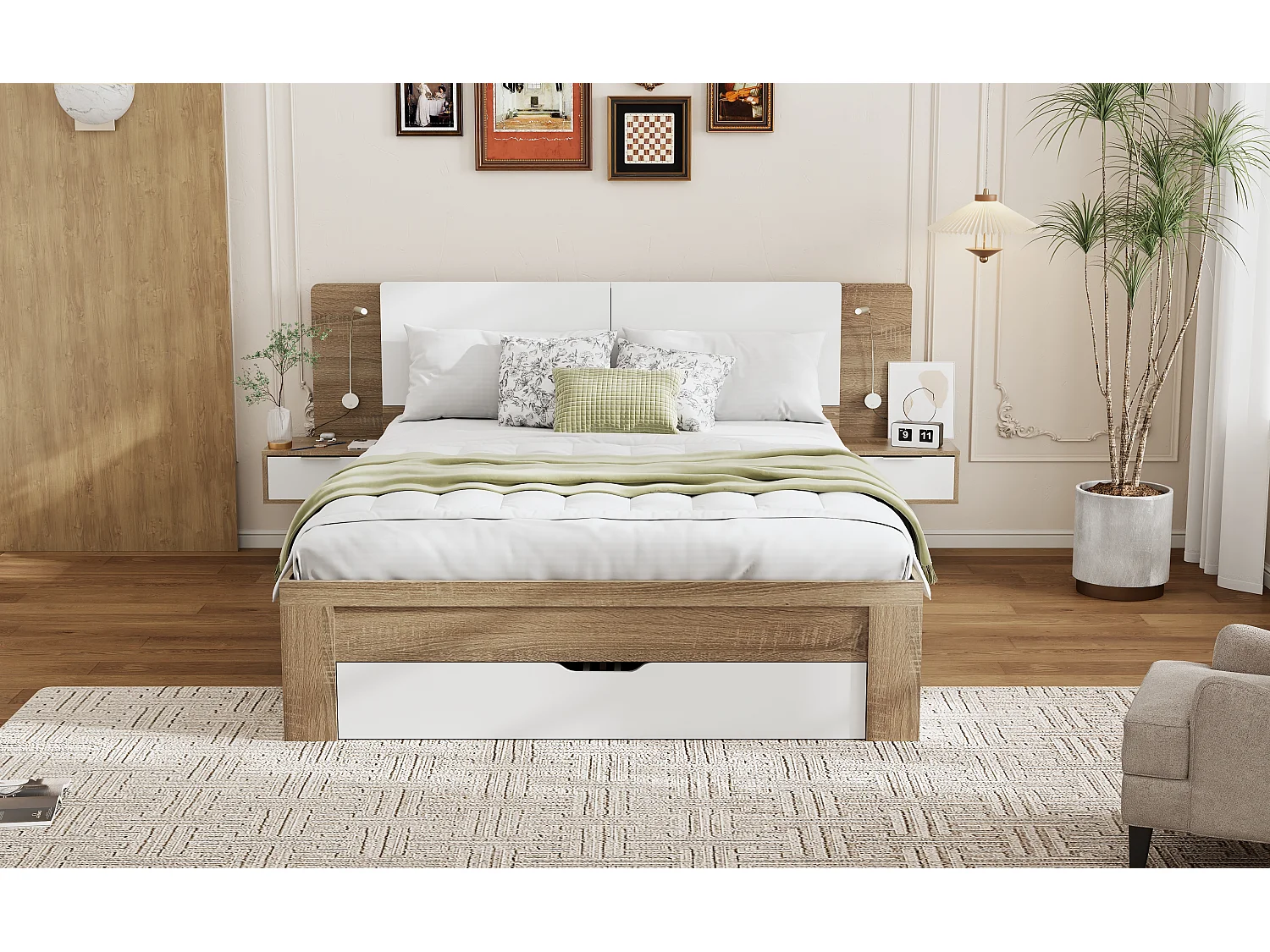 Cama de adulto 140 x 200 cm - 2 mesitas de noche + 4 cajones grandes y almacenaje - Madera MDF - Roble