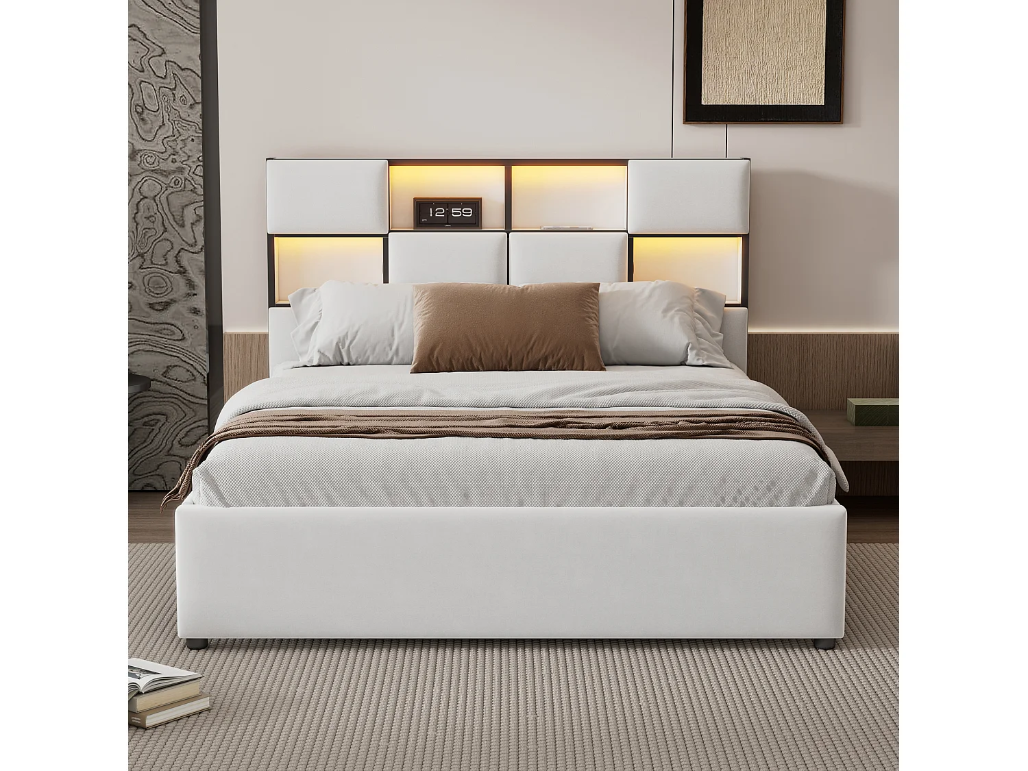 Cama de casal 140 x 200 cm - Tecido de linho - Porta USB + LEDs - Base de ripas incluída - Bege