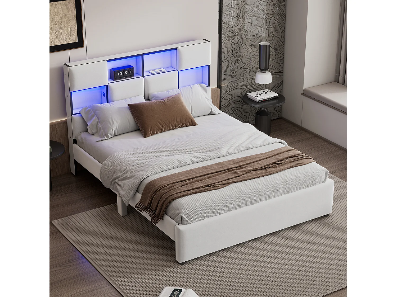 Cama de casal 140 x 200 cm - Tecido de linho - Porta USB + LEDs - Base de ripas incluída - Bege