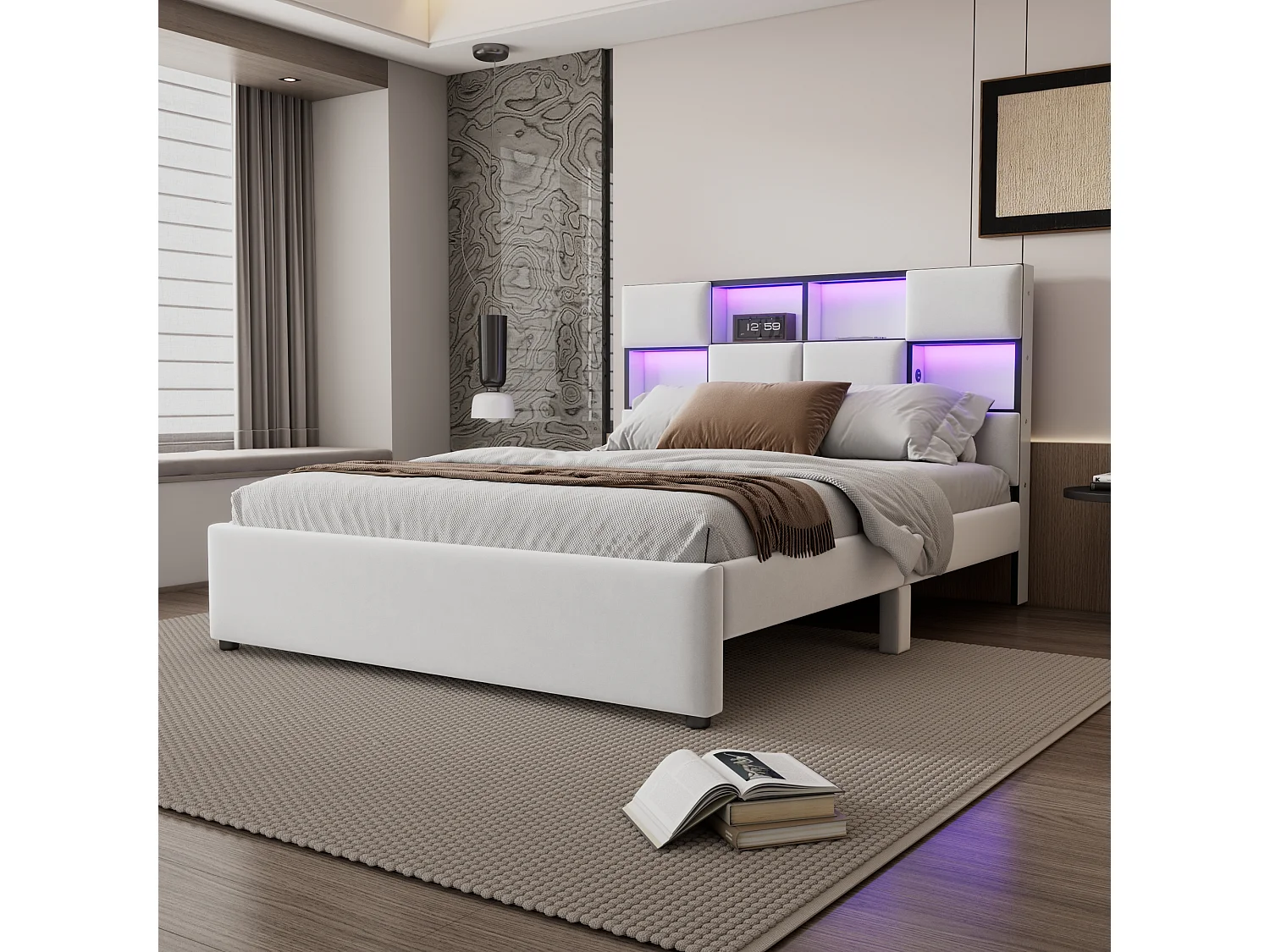 Cama de casal 140 x 200 cm - Tecido de linho - Porta USB + LEDs - Base de ripas incluída - Bege