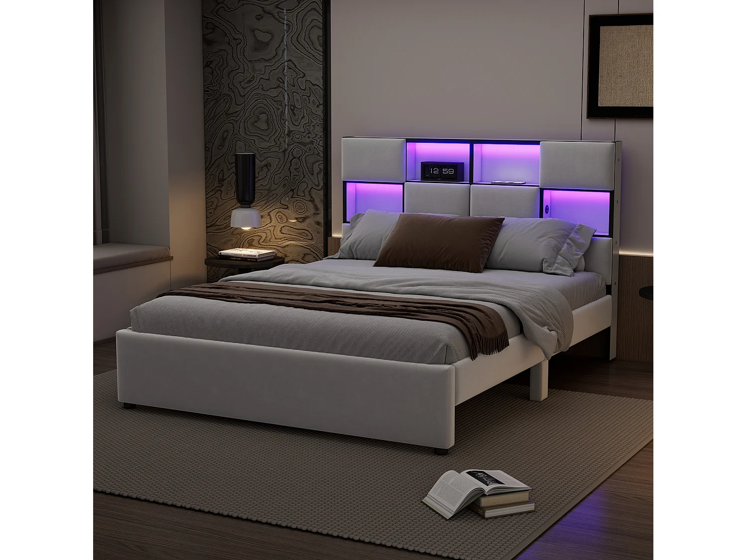 Cama de casal 140 x 200 cm - Tecido de linho - Porta USB + LEDs - Base de ripas incluída - Bege