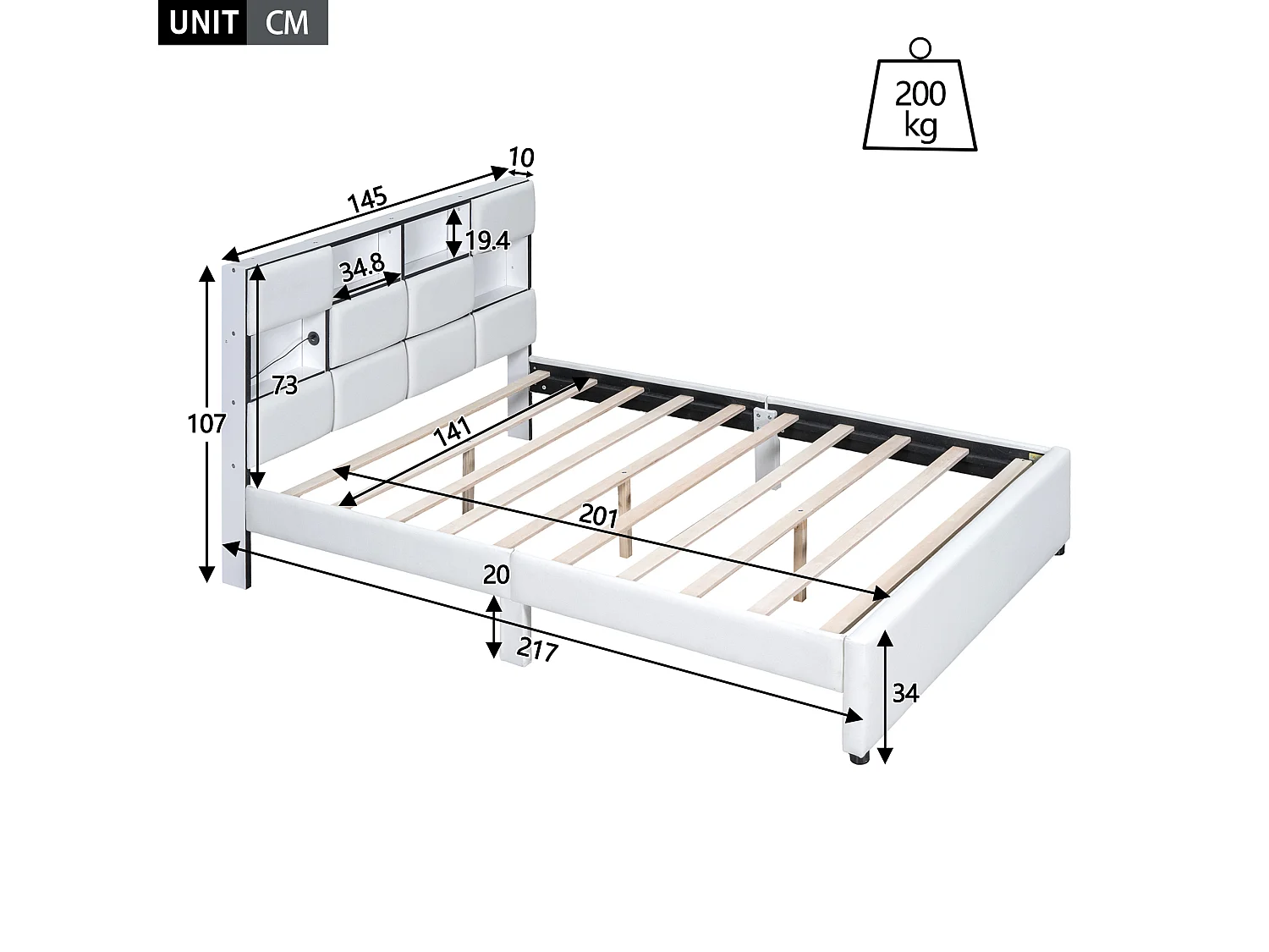 Cama de casal 140 x 200 cm - Tecido de linho - Porta USB + LEDs - Base de ripas incluída - Bege