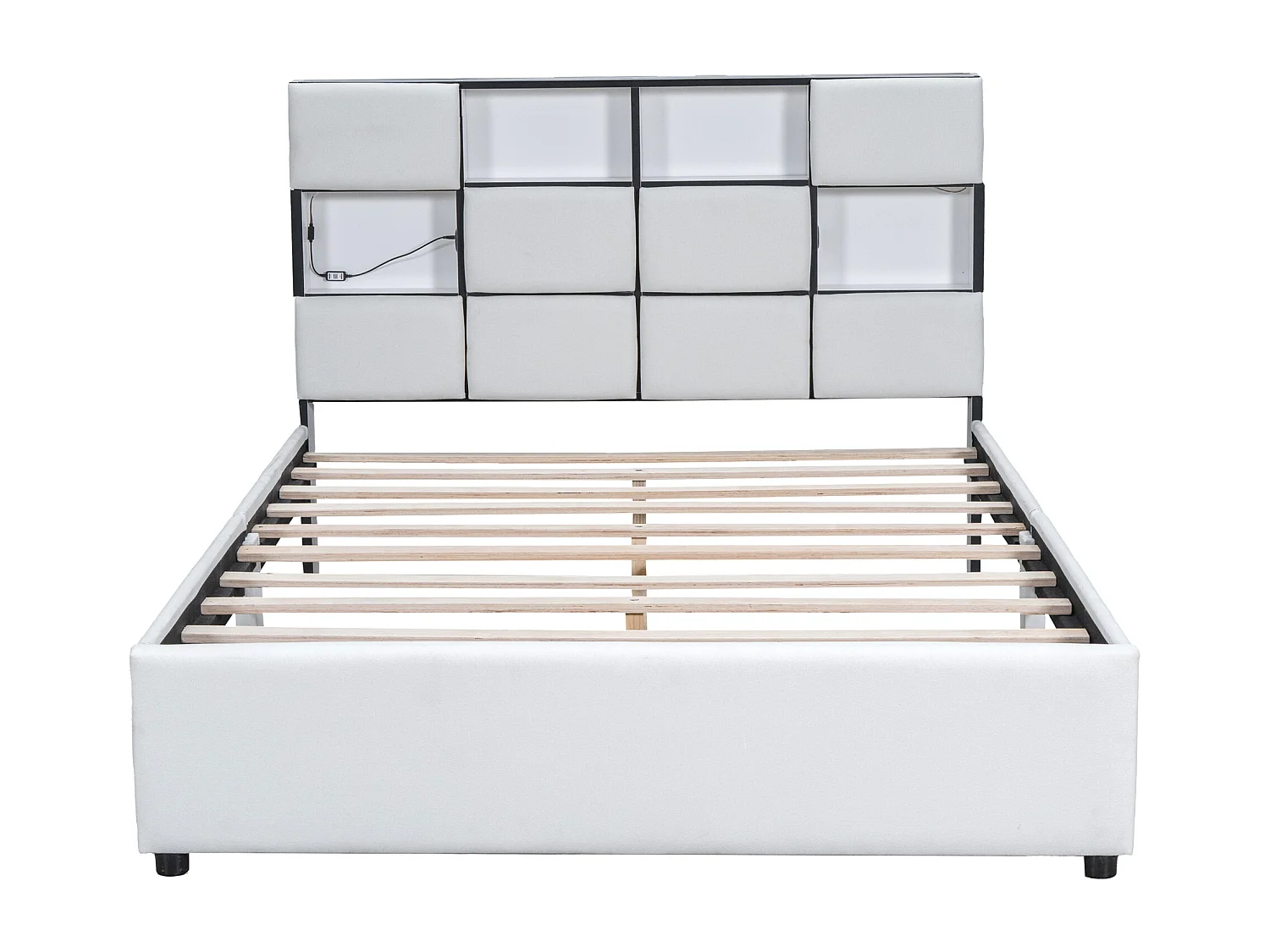 Cama de casal 140 x 200 cm - Tecido de linho - Porta USB + LEDs - Base de ripas incluída - Bege