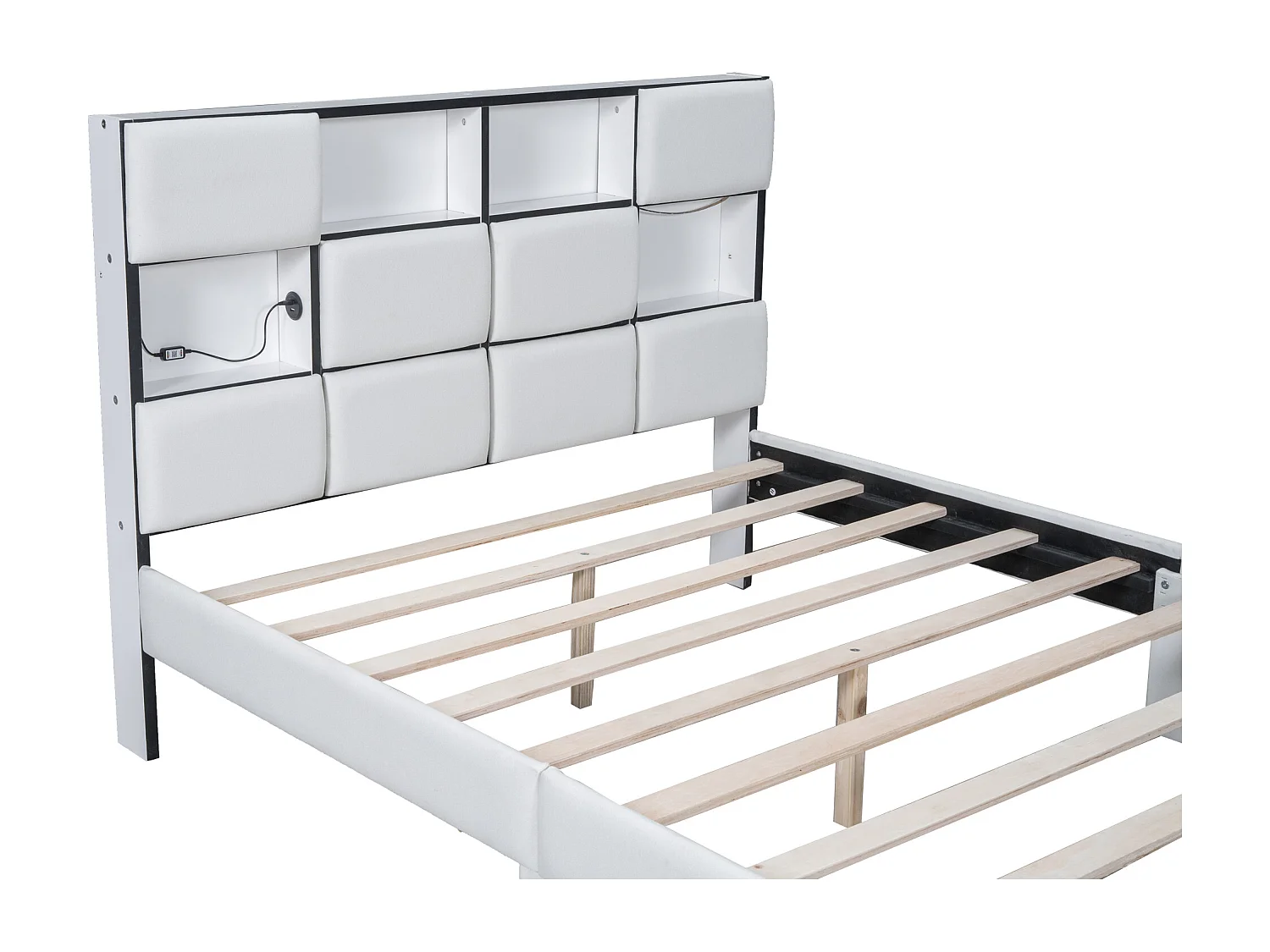 Cama de casal 140 x 200 cm - Tecido de linho - Porta USB + LEDs - Base de ripas incluída - Bege