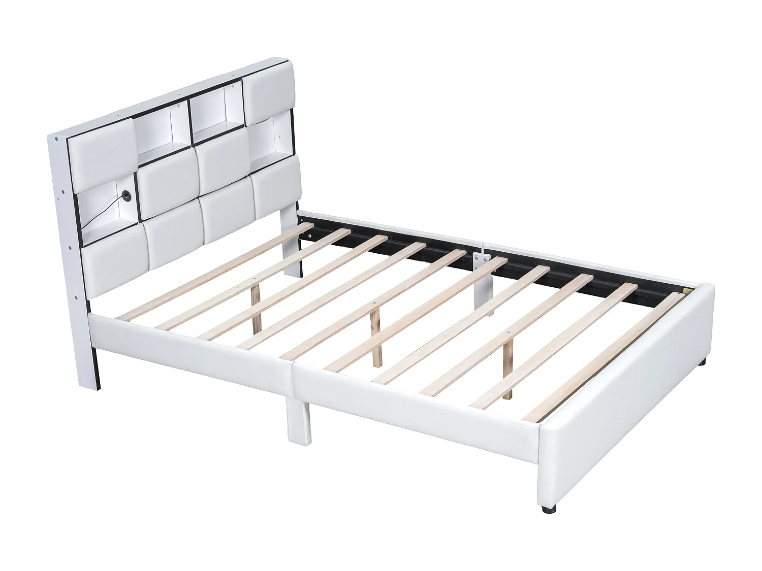 Cama de casal 140 x 200 cm - Tecido de linho - Porta USB + LEDs - Base de ripas incluída - Bege