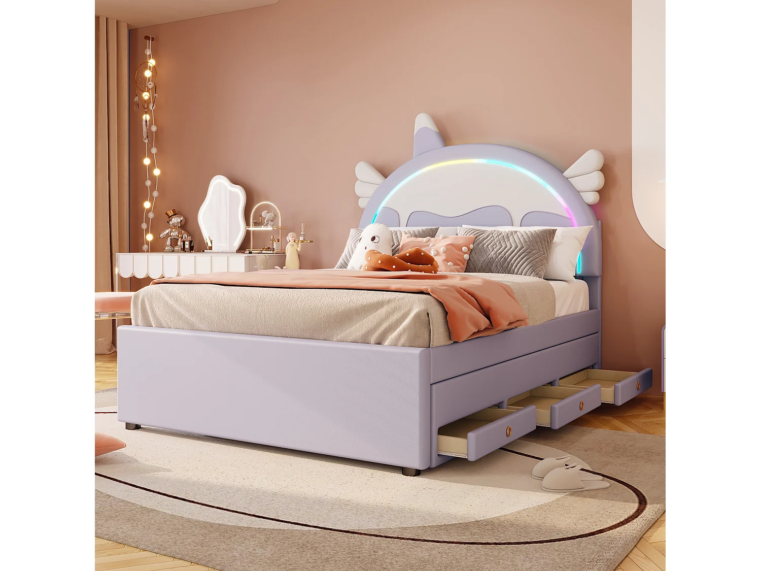 Lit gigogne 140 x 200 cm + 90 x 190 cm avec 3 tiroirs - Tête de lit en forme licorne - Similicuir - Violet