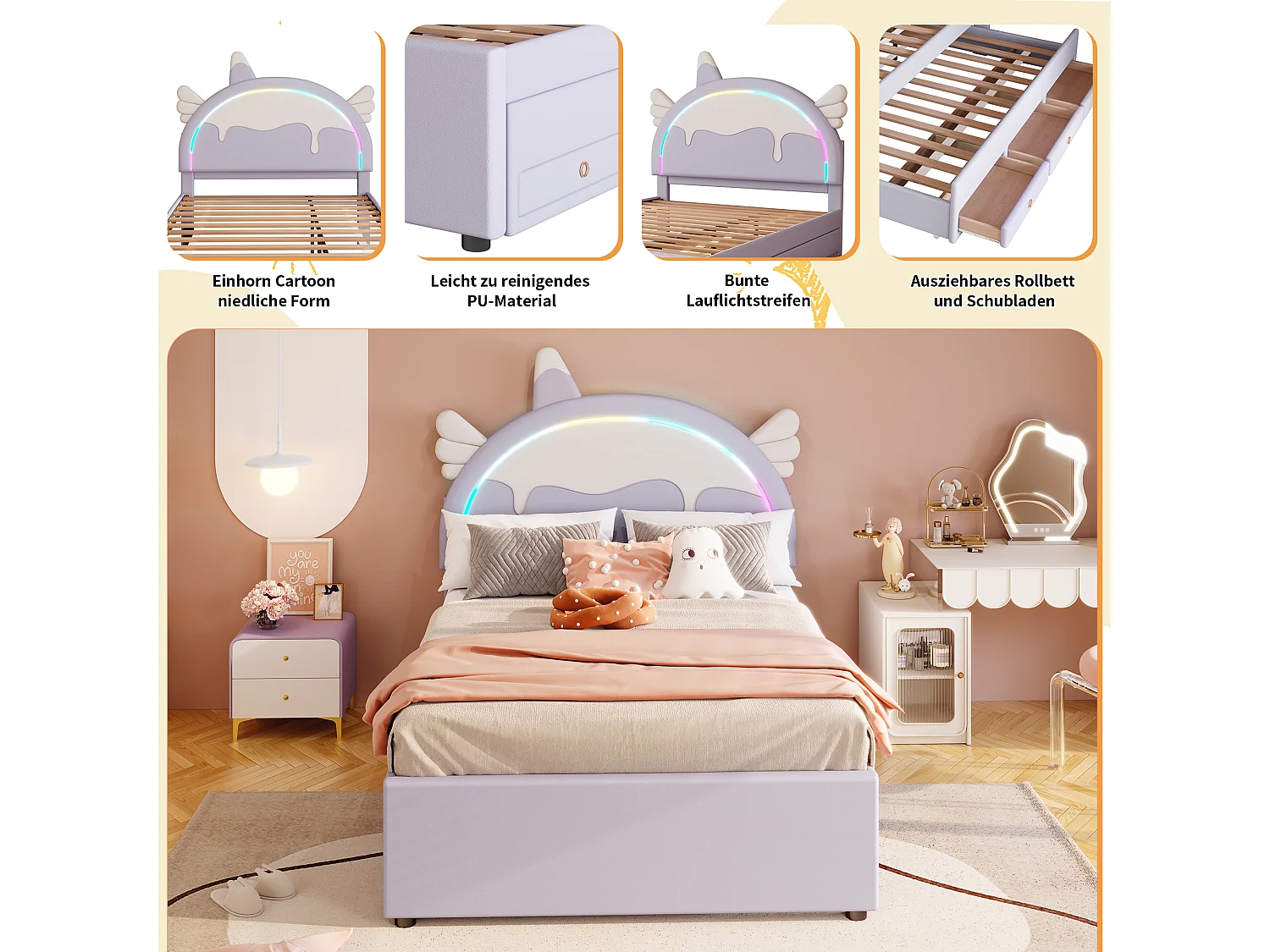 Lit gigogne 140 x 200 cm + 90 x 190 cm avec 3 tiroirs - Tête de lit en forme licorne - Similicuir - Violet