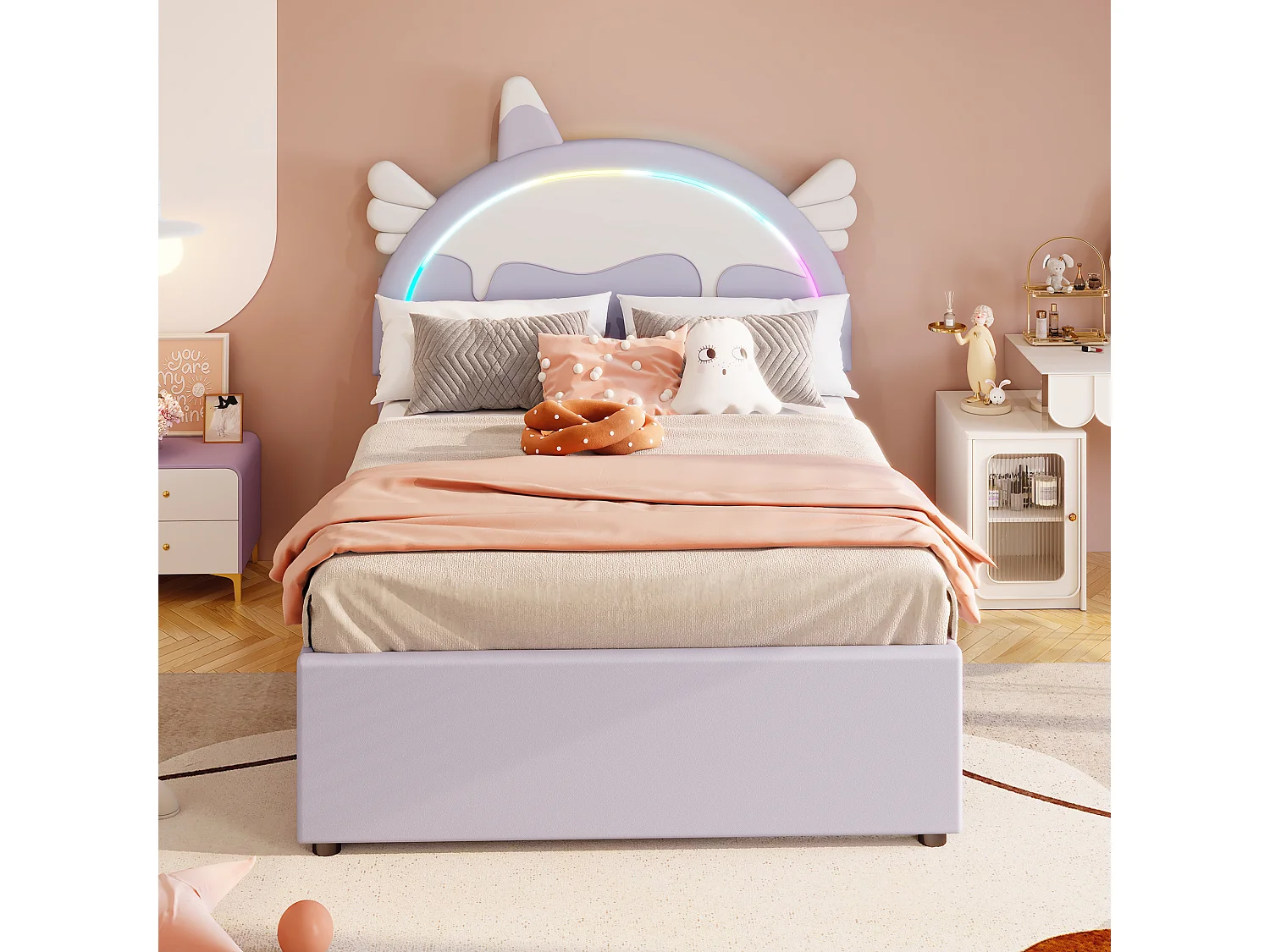 Lit gigogne 140 x 200 cm + 90 x 190 cm avec 3 tiroirs - Tête de lit en forme licorne - Similicuir - Violet