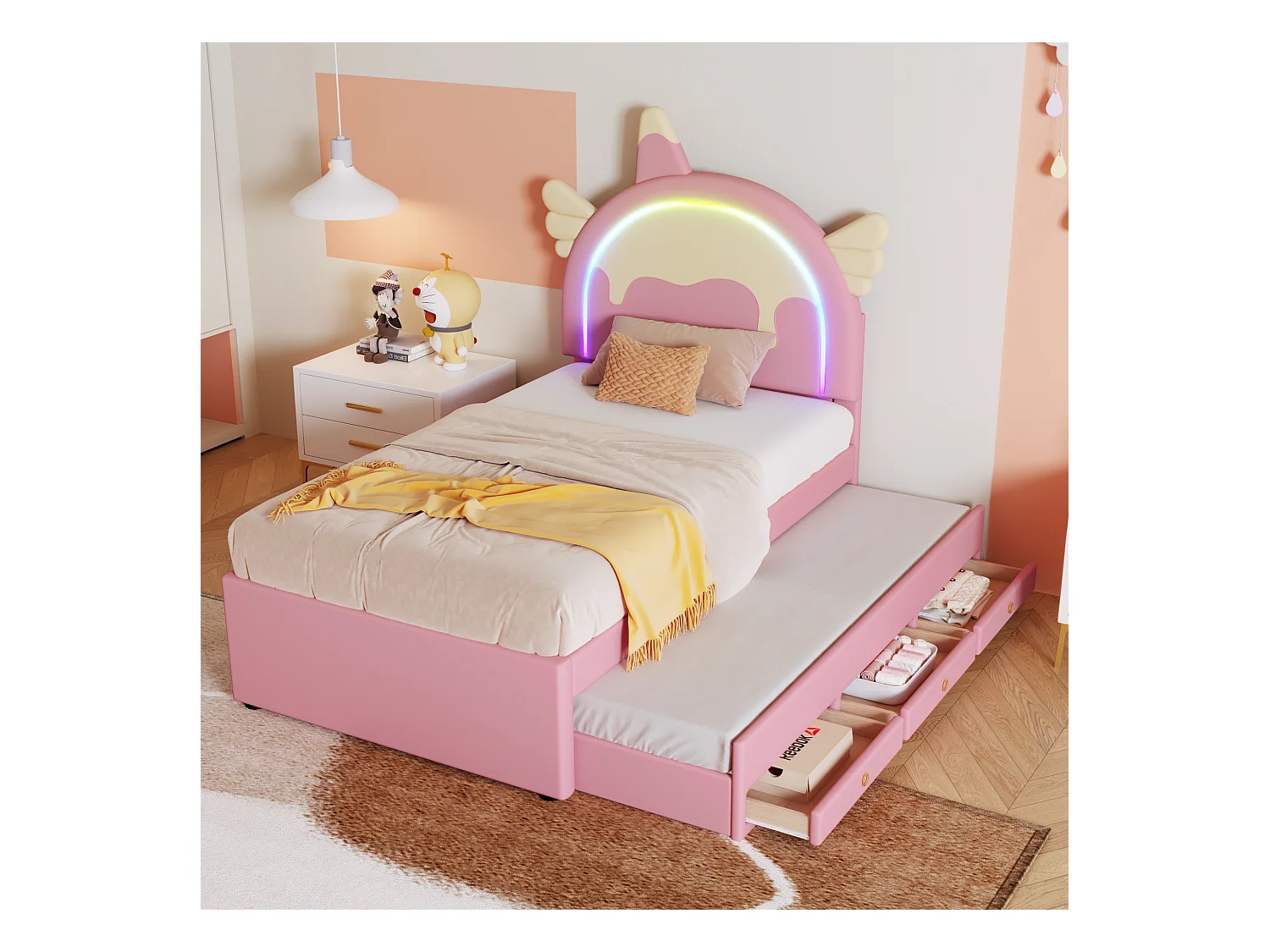 Cama nido 90 x 200 cm + 90 x 190 cm con 3 cajones - Cabecero en forma de Unicornio - Polipiel - Rosa
