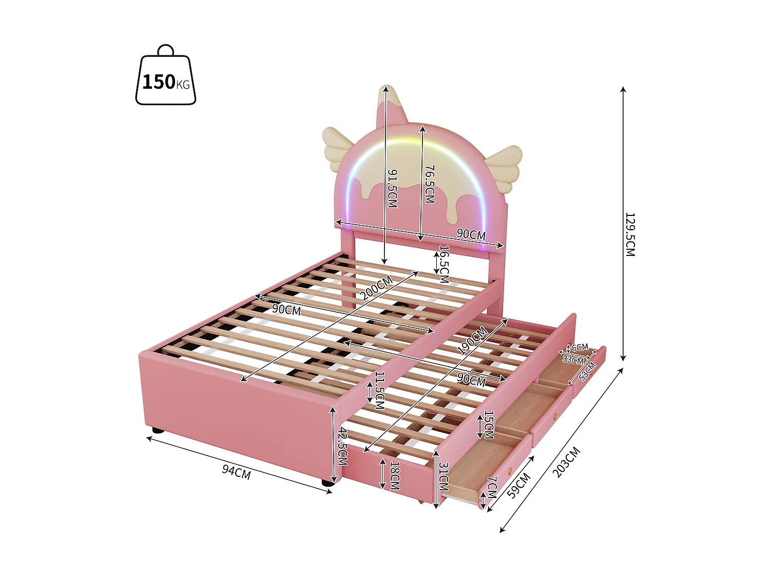 Letto estraibile 90 x 200 cm + 90 x 190 cm con 3 cassetti - Testiera a forma di unicorno - Ecopelle - Rosa