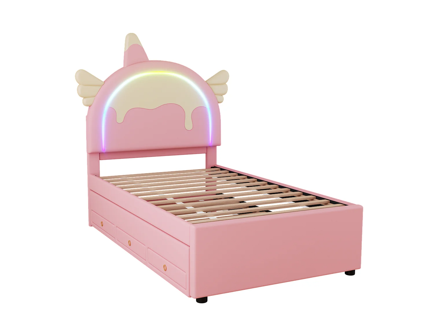 Letto estraibile 90 x 200 cm + 90 x 190 cm con 3 cassetti - Testiera a forma di unicorno - Ecopelle - Rosa