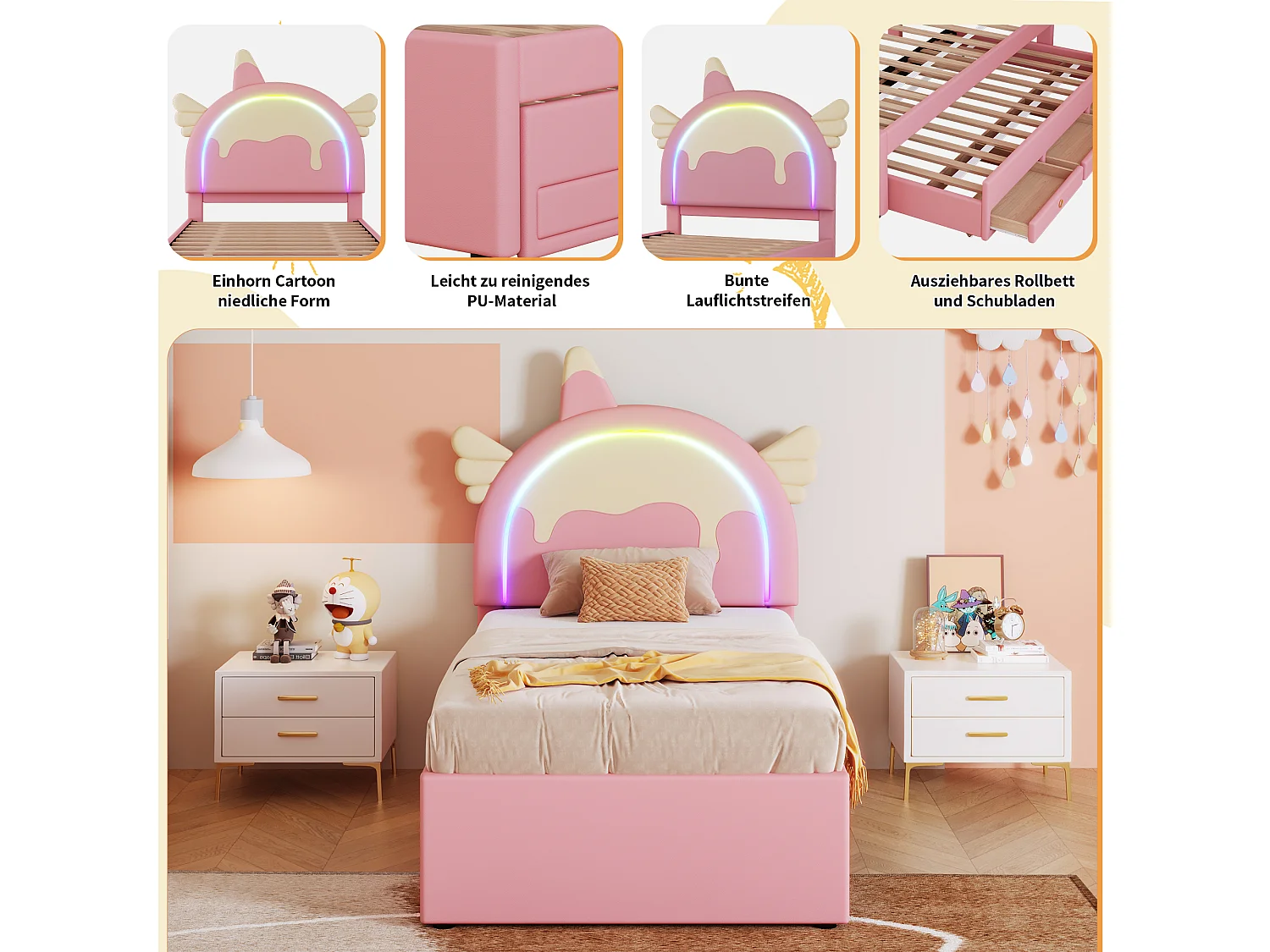 Lit gigogne 90 x 200 cm + 90 x 190 cm avec 3 tiroirs - Tête de lit en forme licorne - Similicuir - Rose