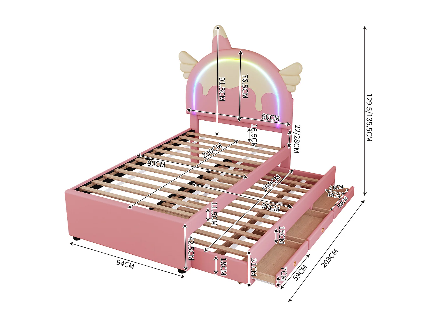 Lit gigogne 90 x 200 cm + 90 x 190 cm avec 3 tiroirs - Tête de lit en forme licorne - Similicuir - Rose