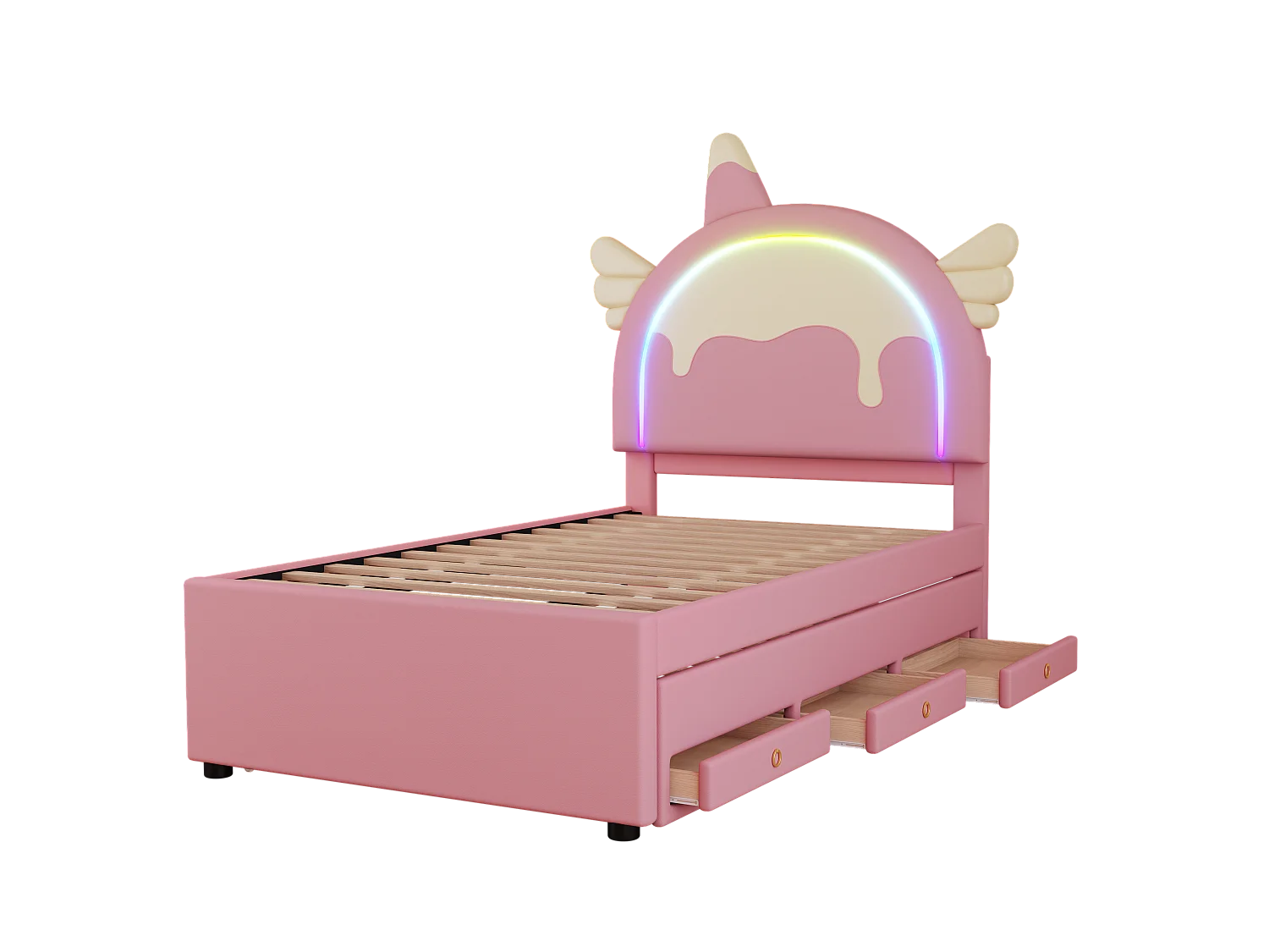 Letto estraibile 90 x 200 cm + 90 x 190 cm con 3 cassetti - Testiera a forma di unicorno - Similpelle - Rosa