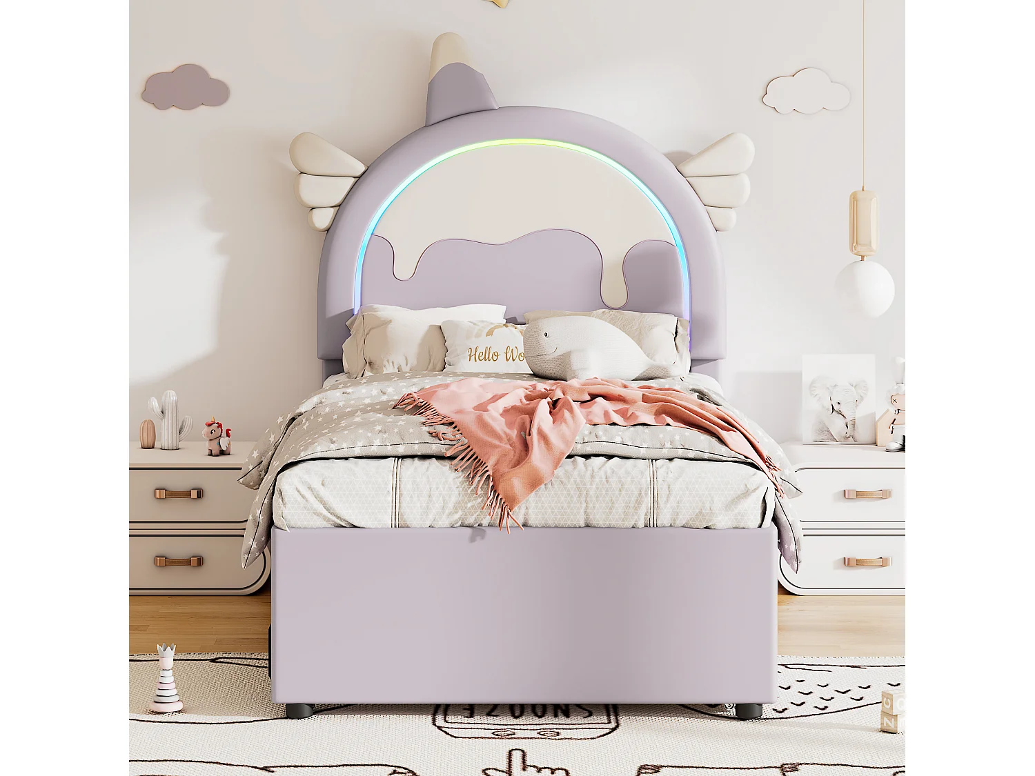 Cama com gavetão 90 x 200 cm + 90 x 190 cm com 3 gavetas - Cabeceira em forma de unicórnio - Pele sintética - Roxo