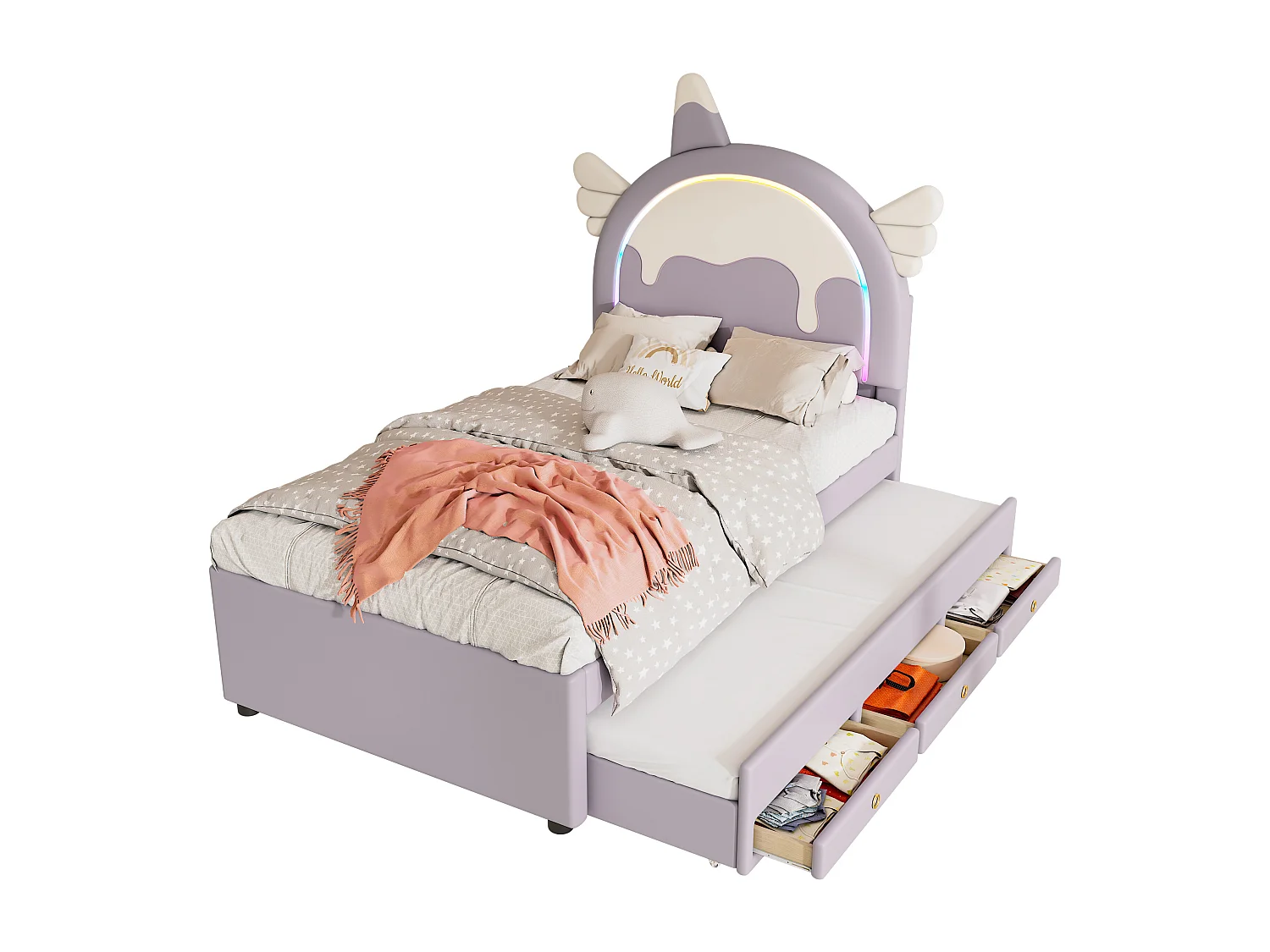 Ausziehbett 90 x 200 cm + 90 x 190 cm mit 3 Schubladen – Einhorn-Kopfteil – Kunstleder – Lila