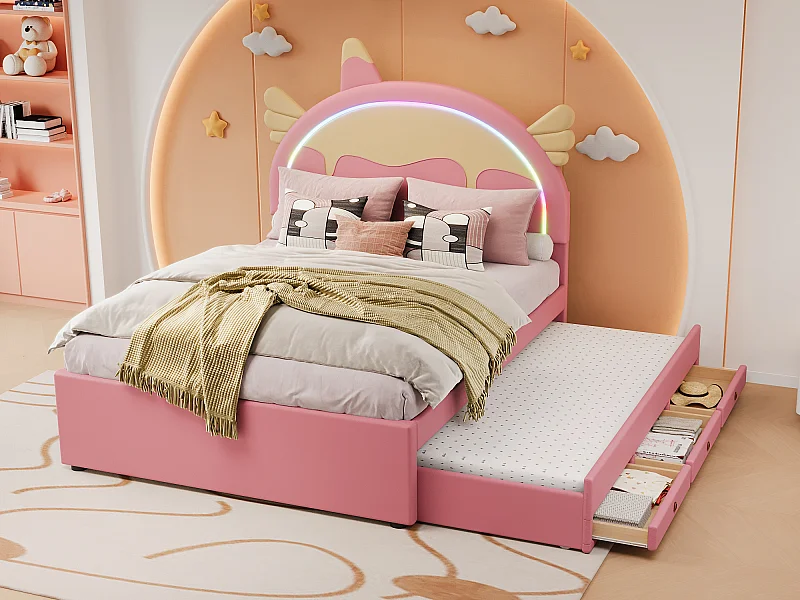 Letto estraibile 140 x 200 cm + 90 x 190 cm con 3 cassetti - Testiera a forma di unicorno - Ecopelle - Rosa