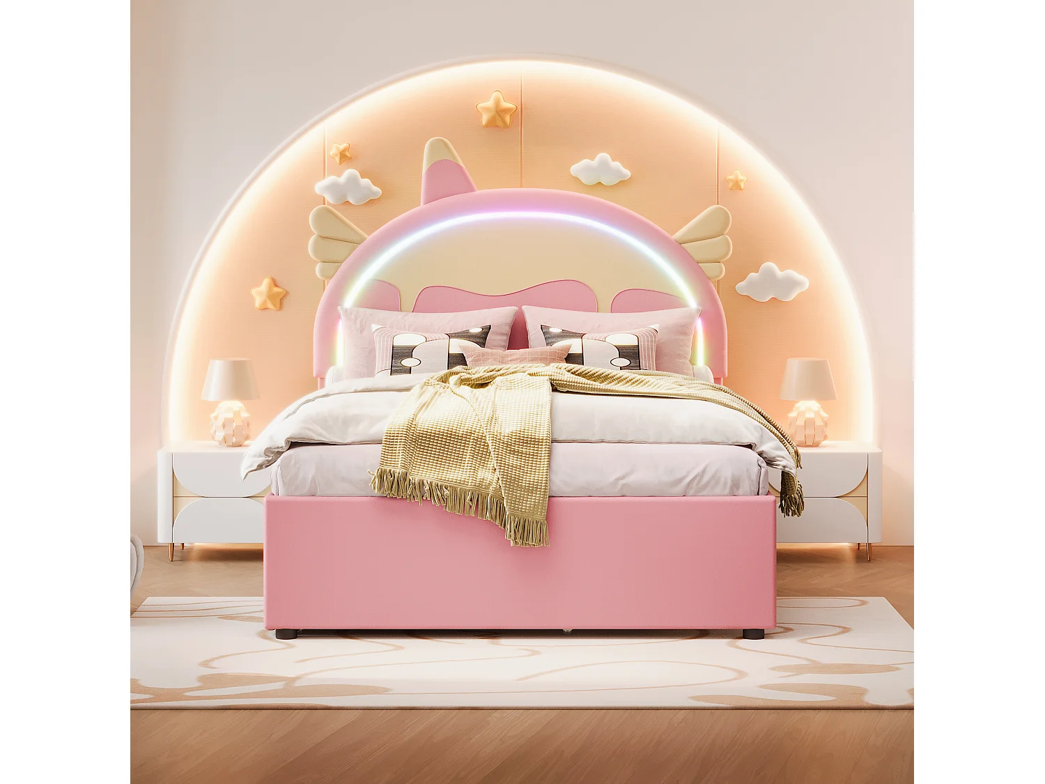 Cama nido 140 x 200 cm + 90 x 190 cm con 3 cajones - Cabecero en forma de Unicornio - Polipiel - Rosa