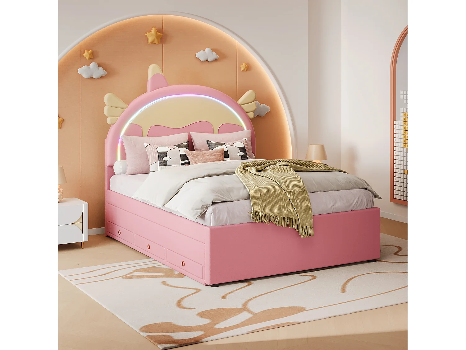 Cama nido 140 x 200 cm + 90 x 190 cm con 3 cajones - Cabecero en forma de Unicornio - Polipiel - Rosa