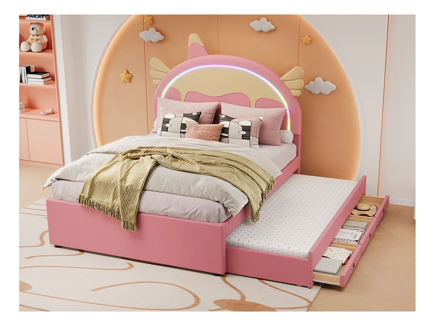 Onderschuifbed 140 x 200 cm + 90 x 190 cm met 3 lades - Eenhoornvormig hoofdeinde - Kunstleer - Roze